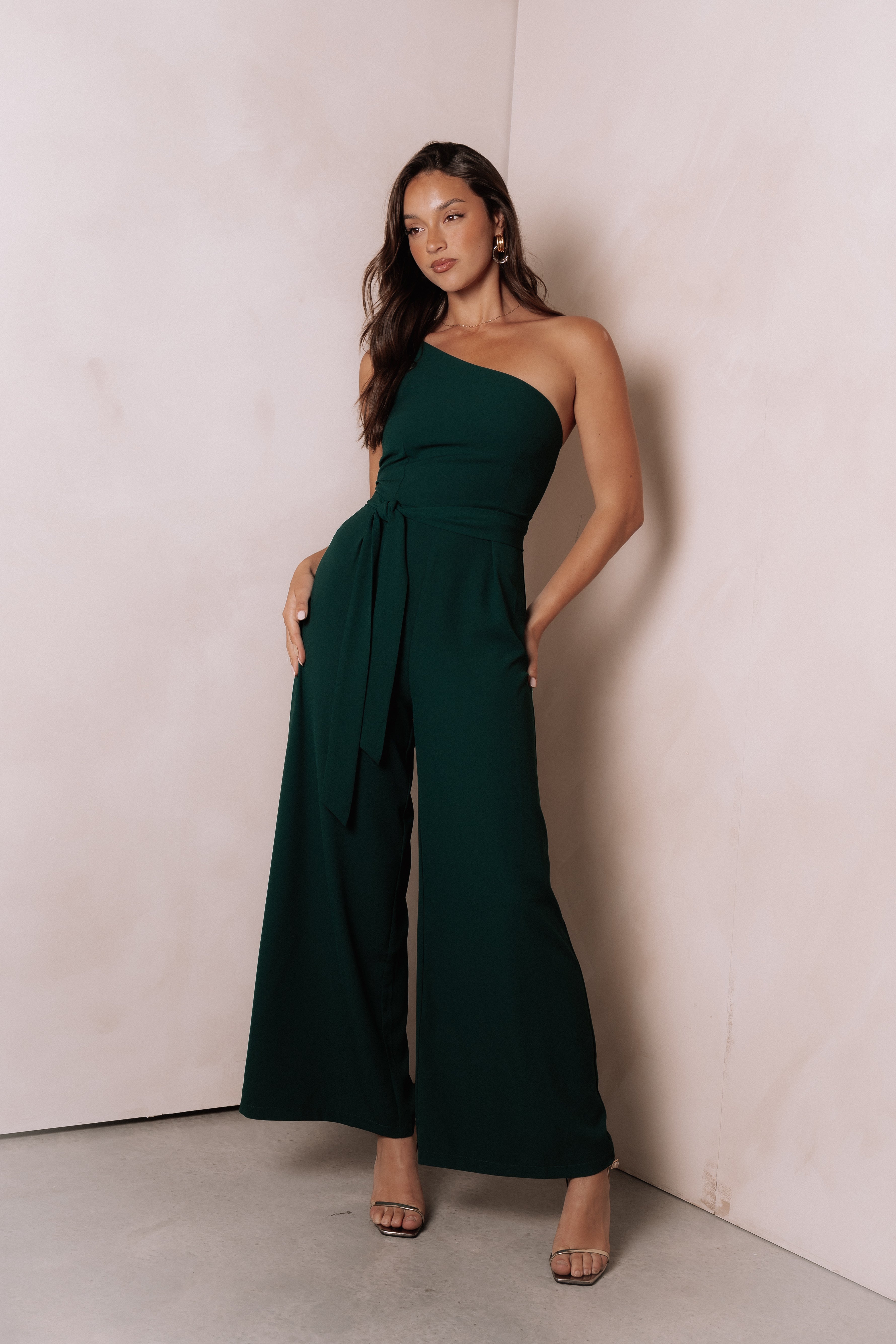 Emerald Green One Shoulder Jumpsuit with Waist Tie - Leyton