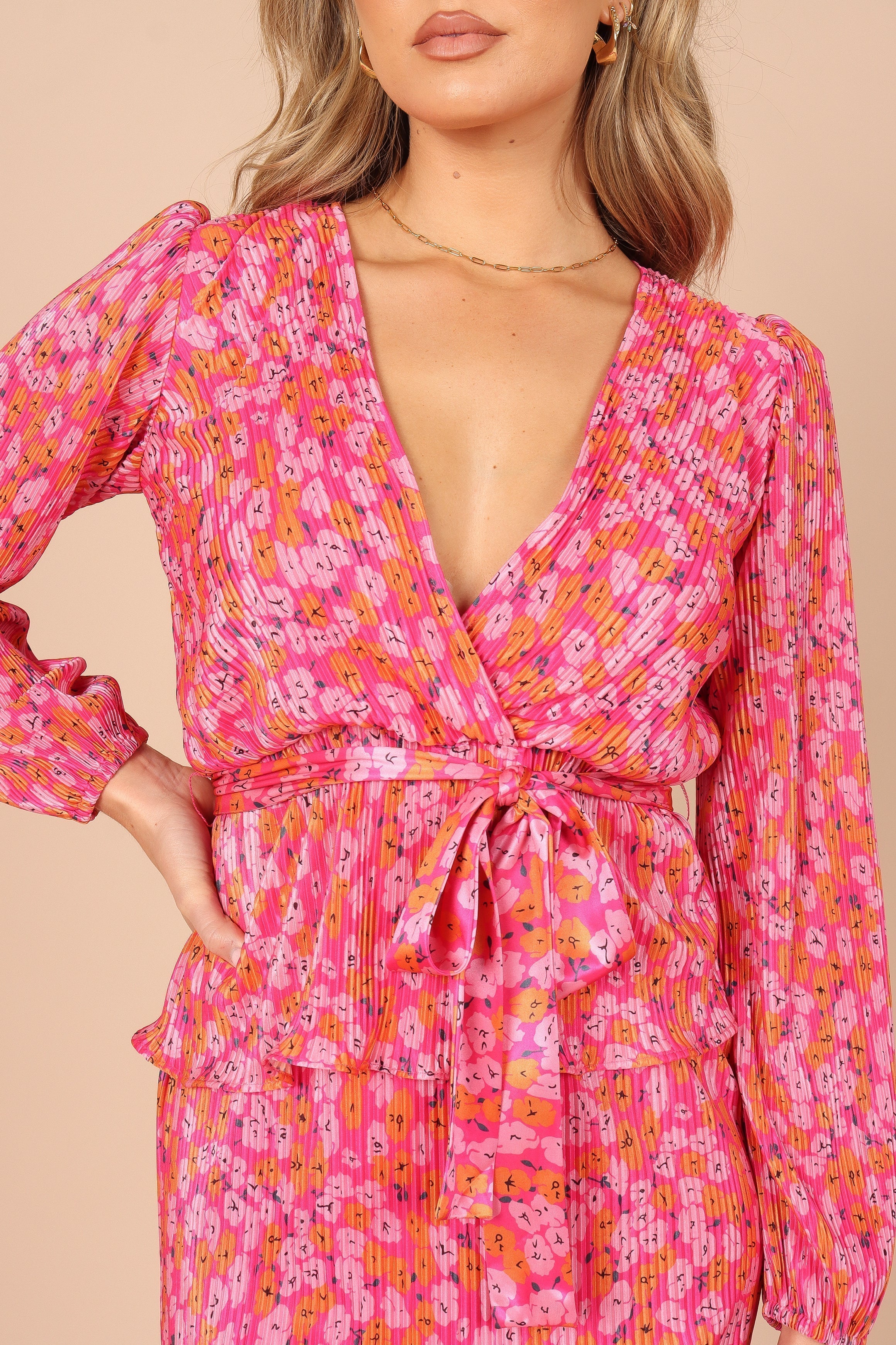 Minelli Pleated Peplum Top with Long Sleeves - Hot Pink