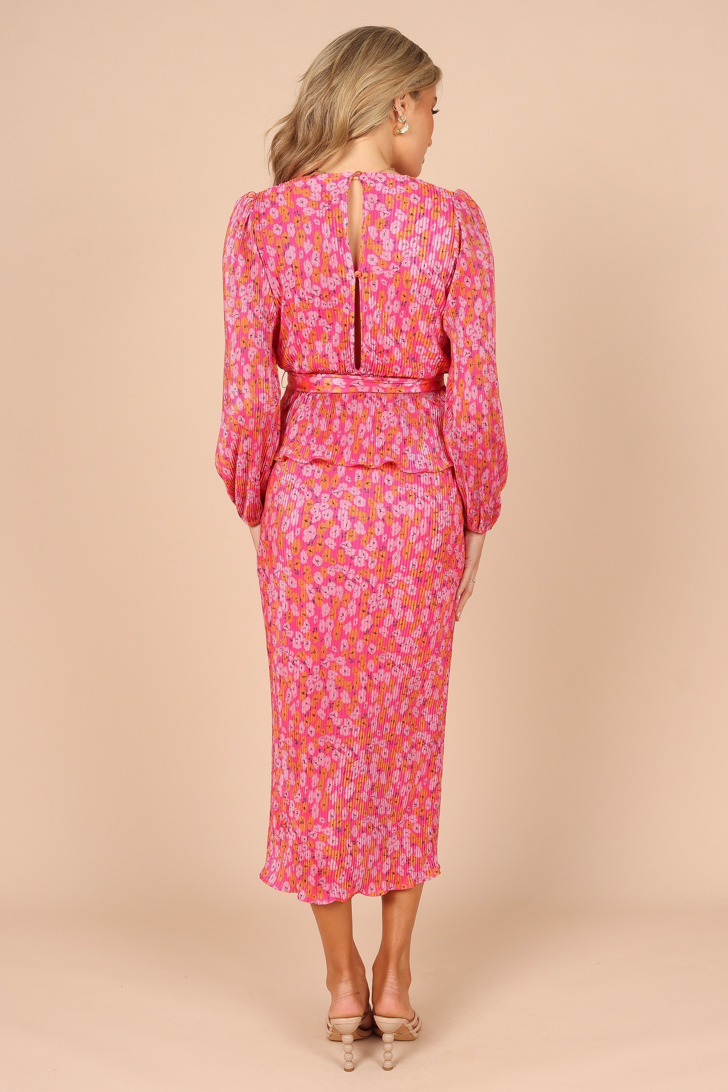 Minelli Pleated Peplum Top with Long Sleeves - Hot Pink