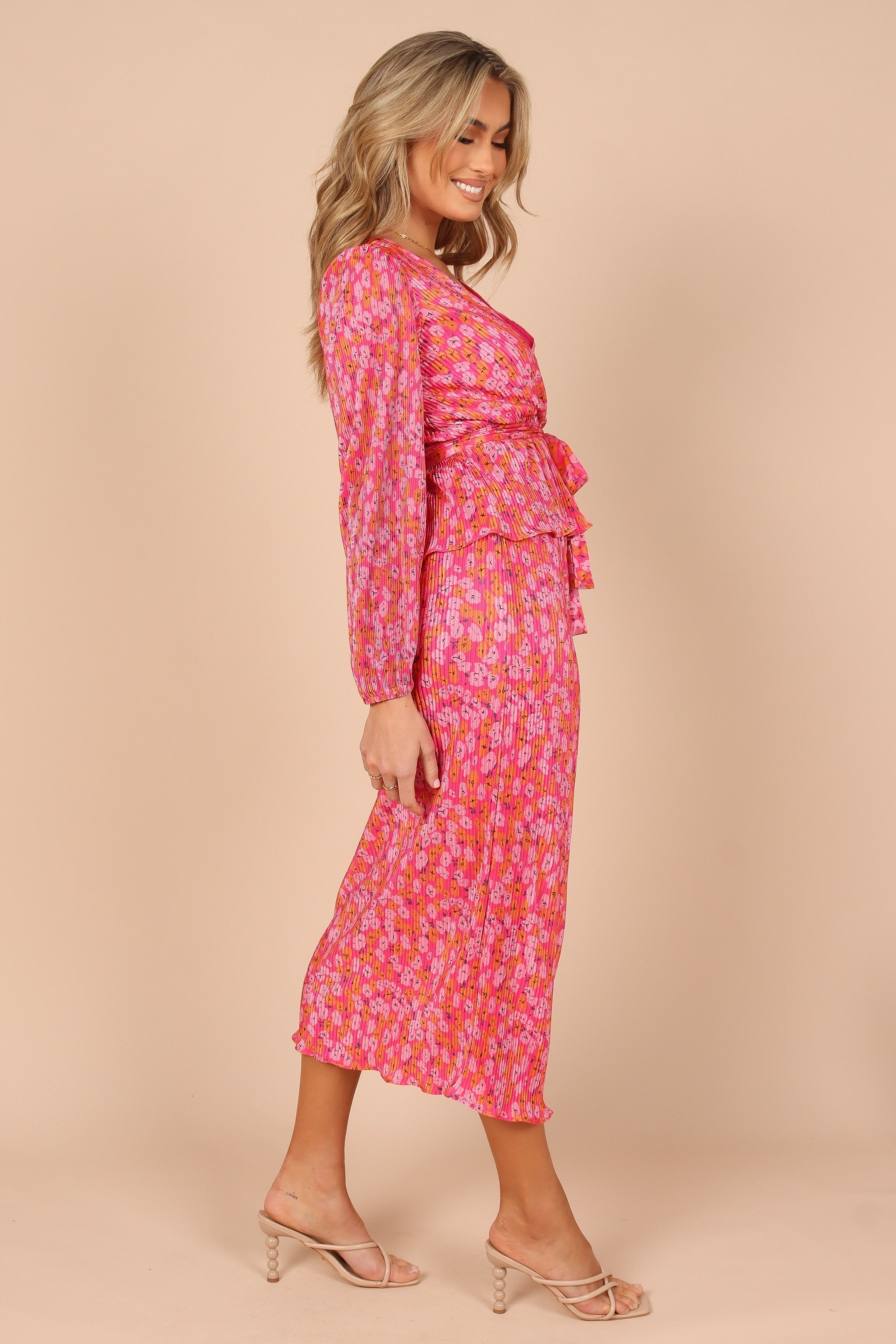 Minelli Pleated Peplum Top with Long Sleeves - Hot Pink