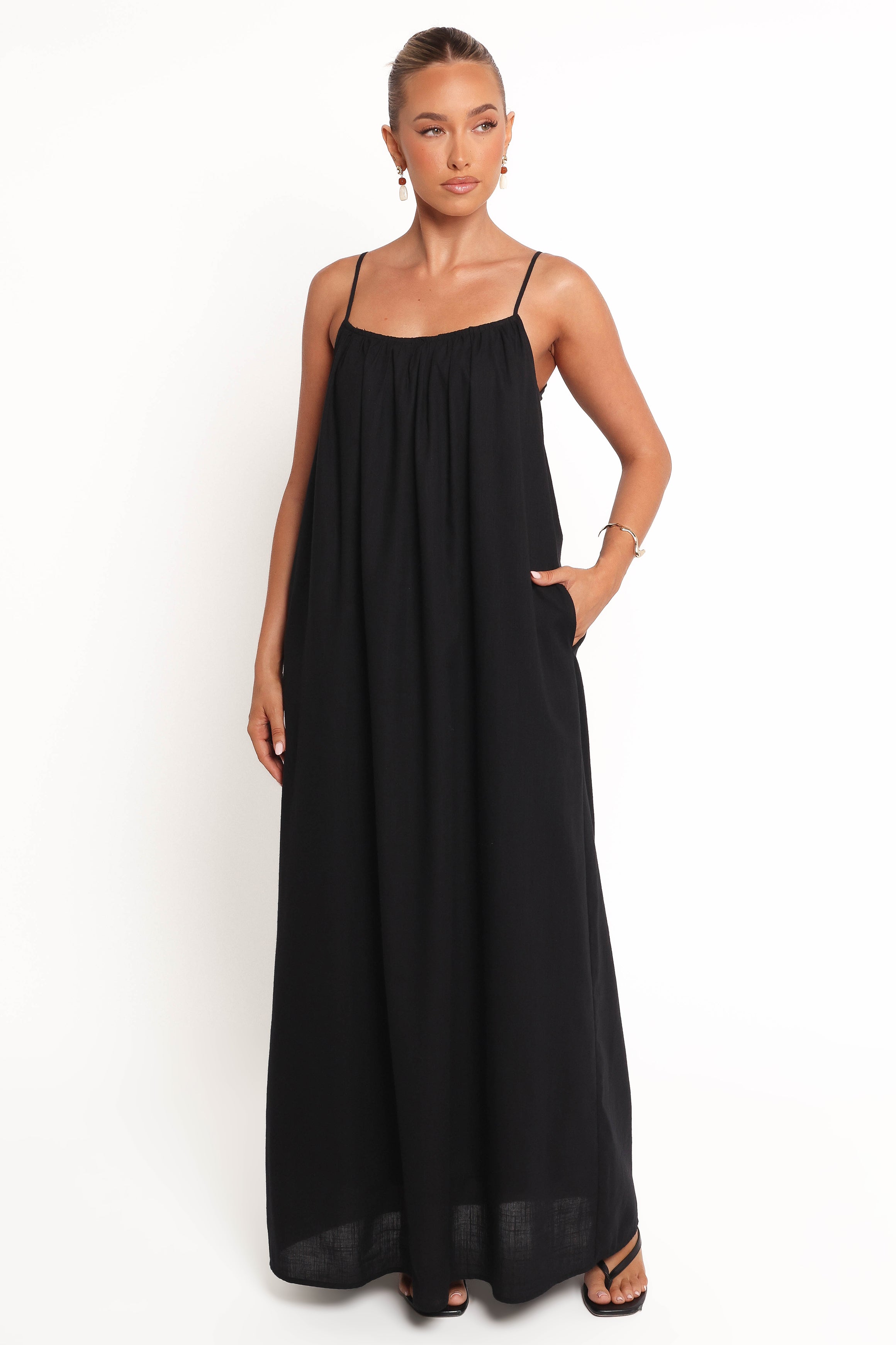 Lumina Adjustable Strap Maxi Dress with Pockets - Black