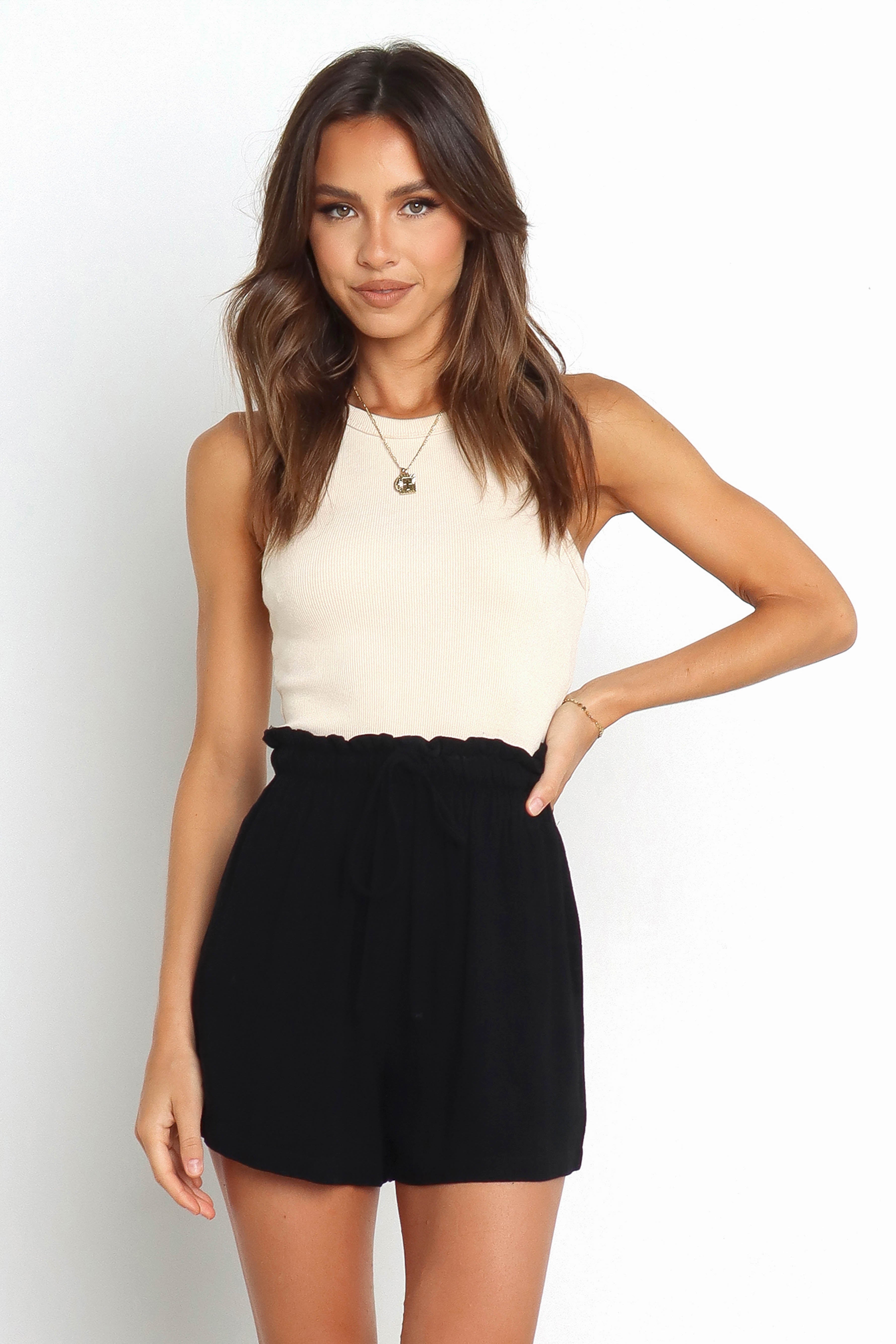 Hawthorne High Waisted Linen Shorts - Black Elastic Waistband