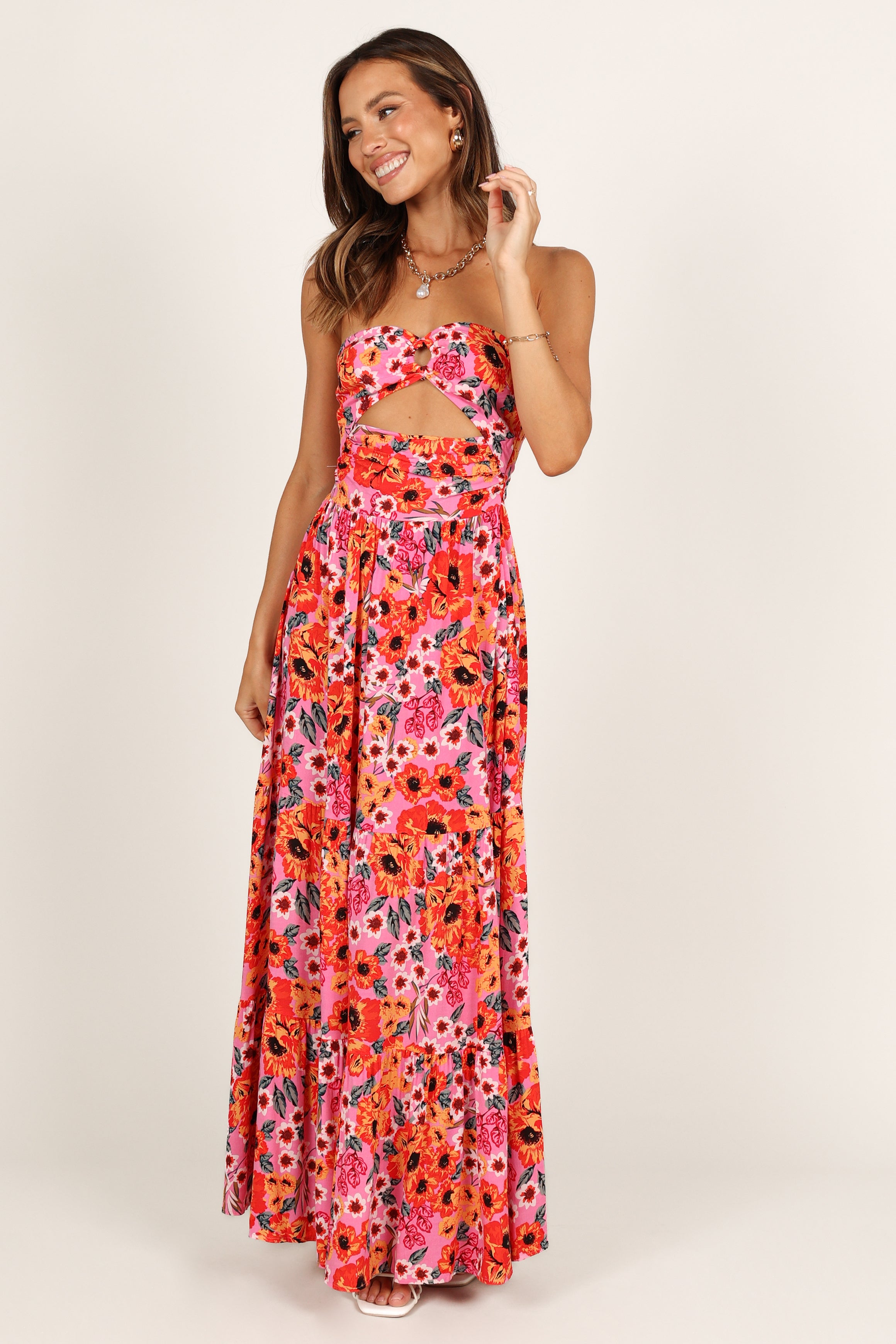 Pink Sarai Maxi Dress with Sweetheart Neckline & Floral Print