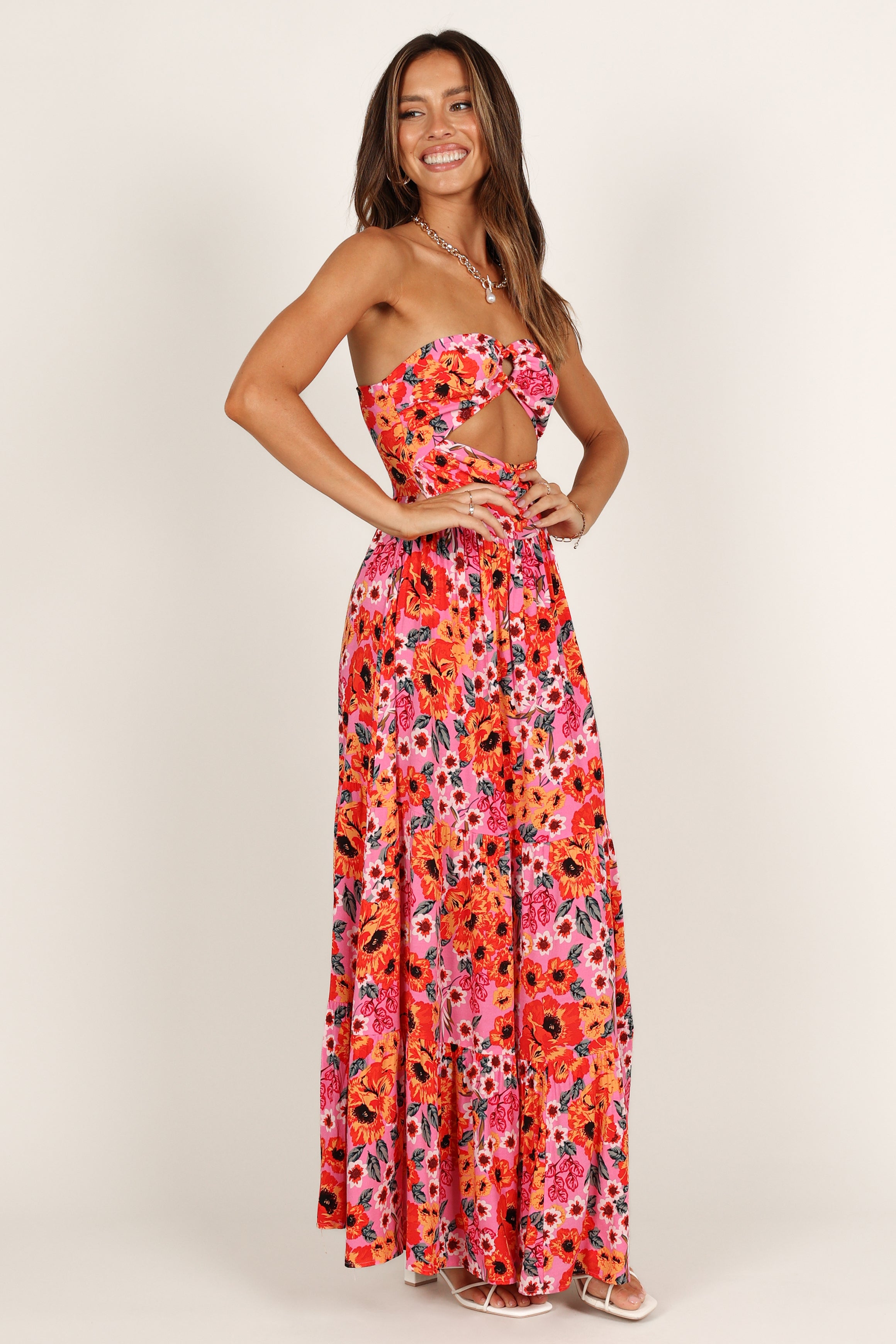 Pink Sarai Maxi Dress with Sweetheart Neckline & Floral Print