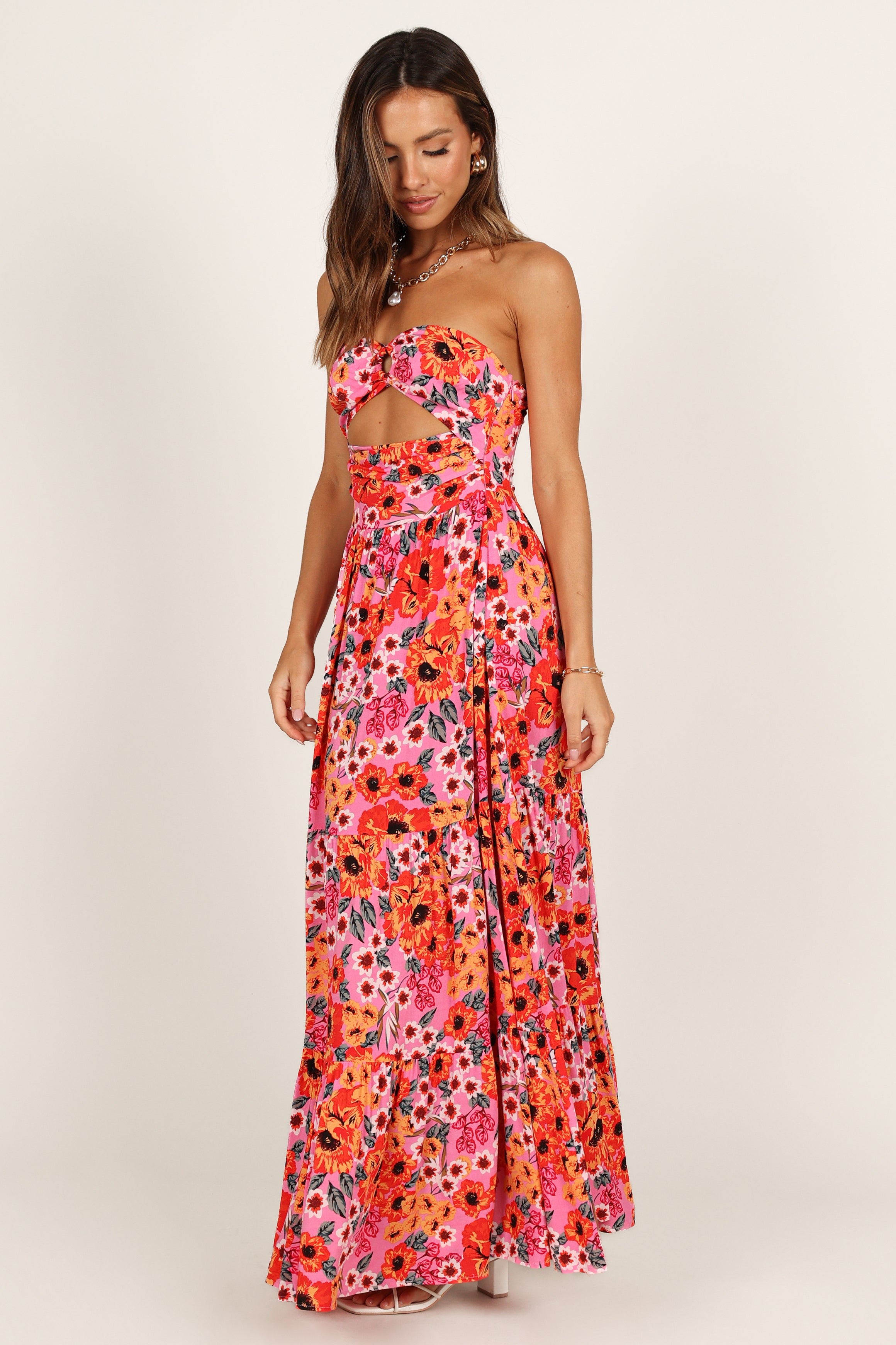 Pink Sarai Maxi Dress with Sweetheart Neckline & Floral Print
