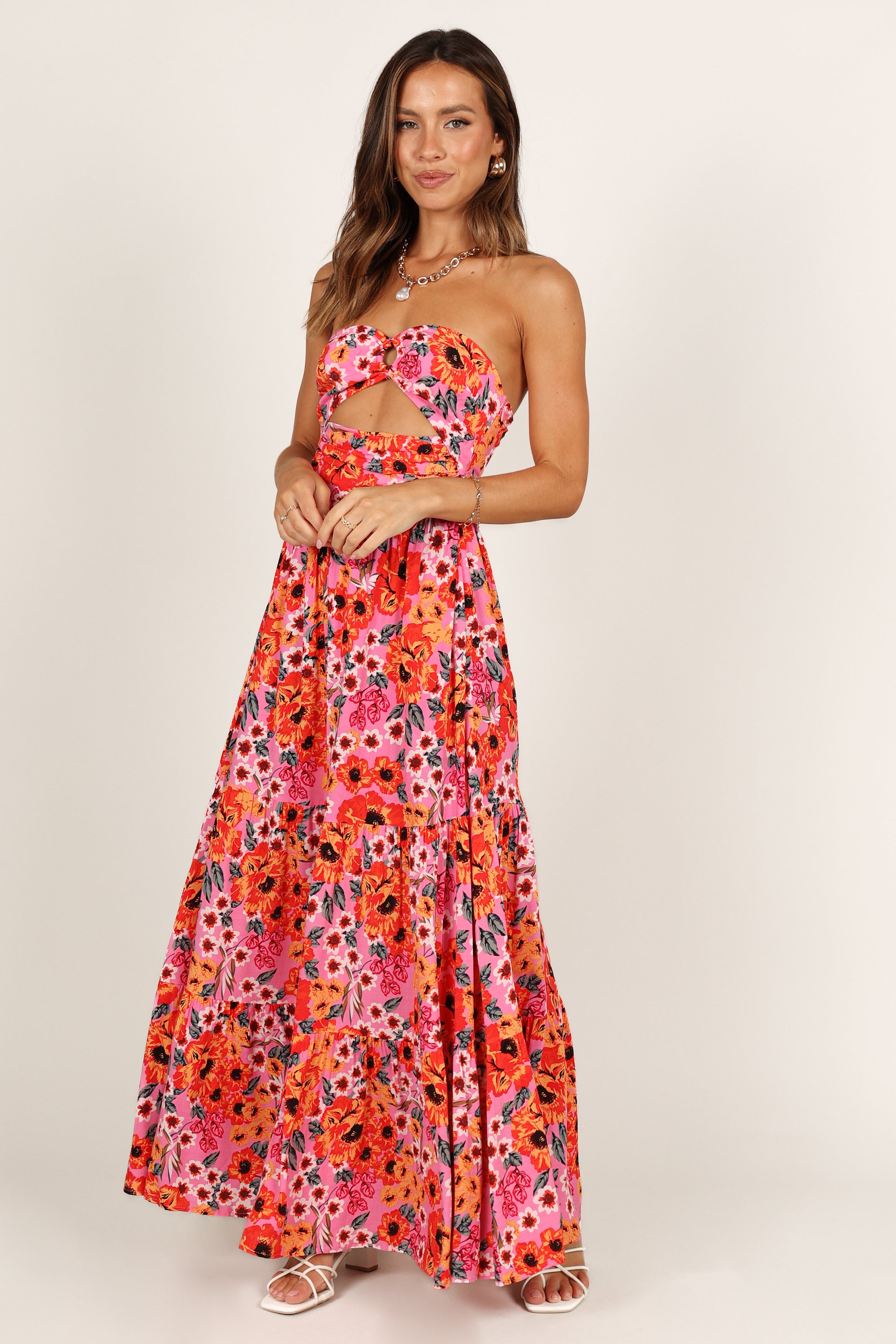Pink Sarai Maxi Dress with Sweetheart Neckline & Floral Print