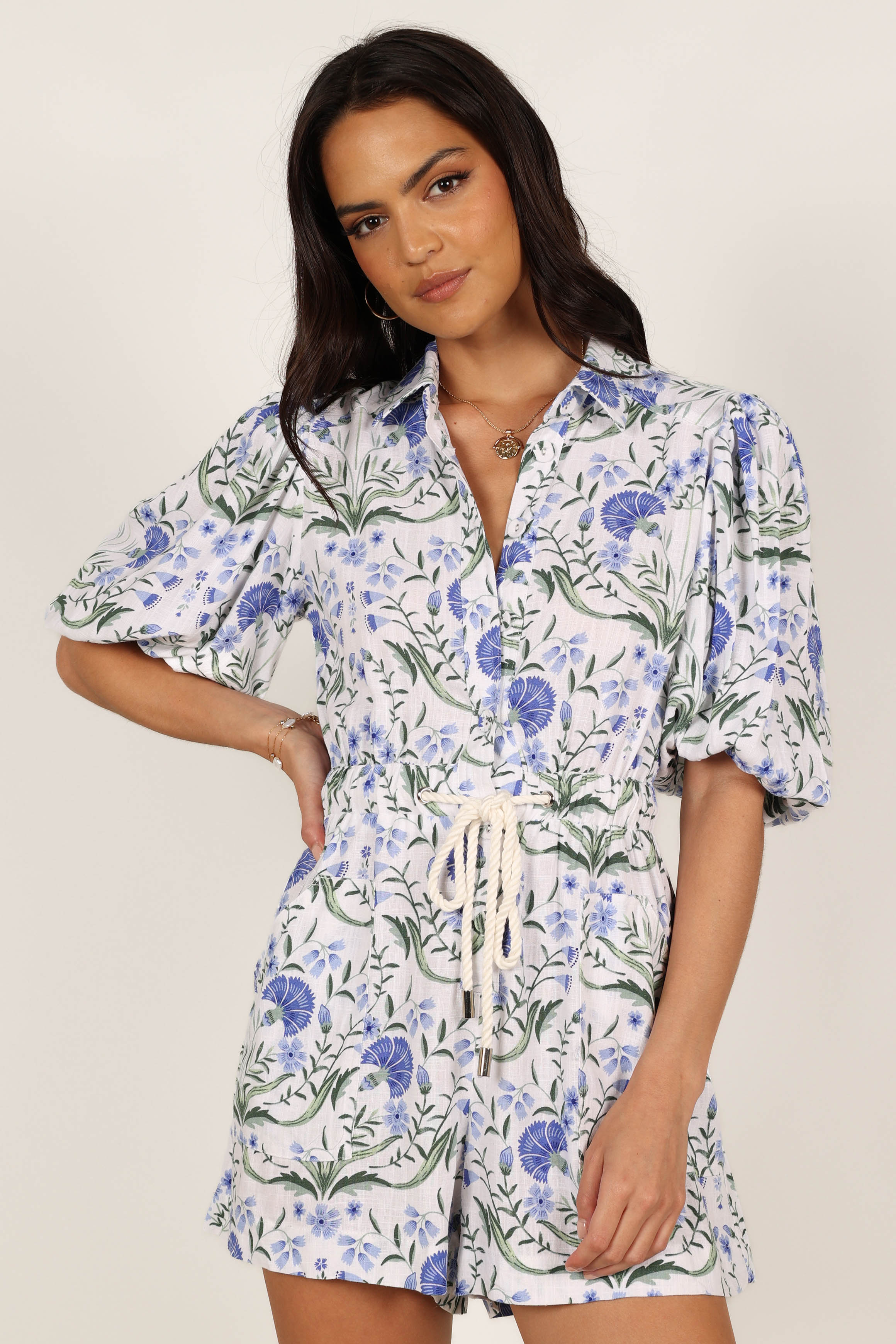 Annie Linen Romper - Blue Floral Long Sleeve Jumpsuit