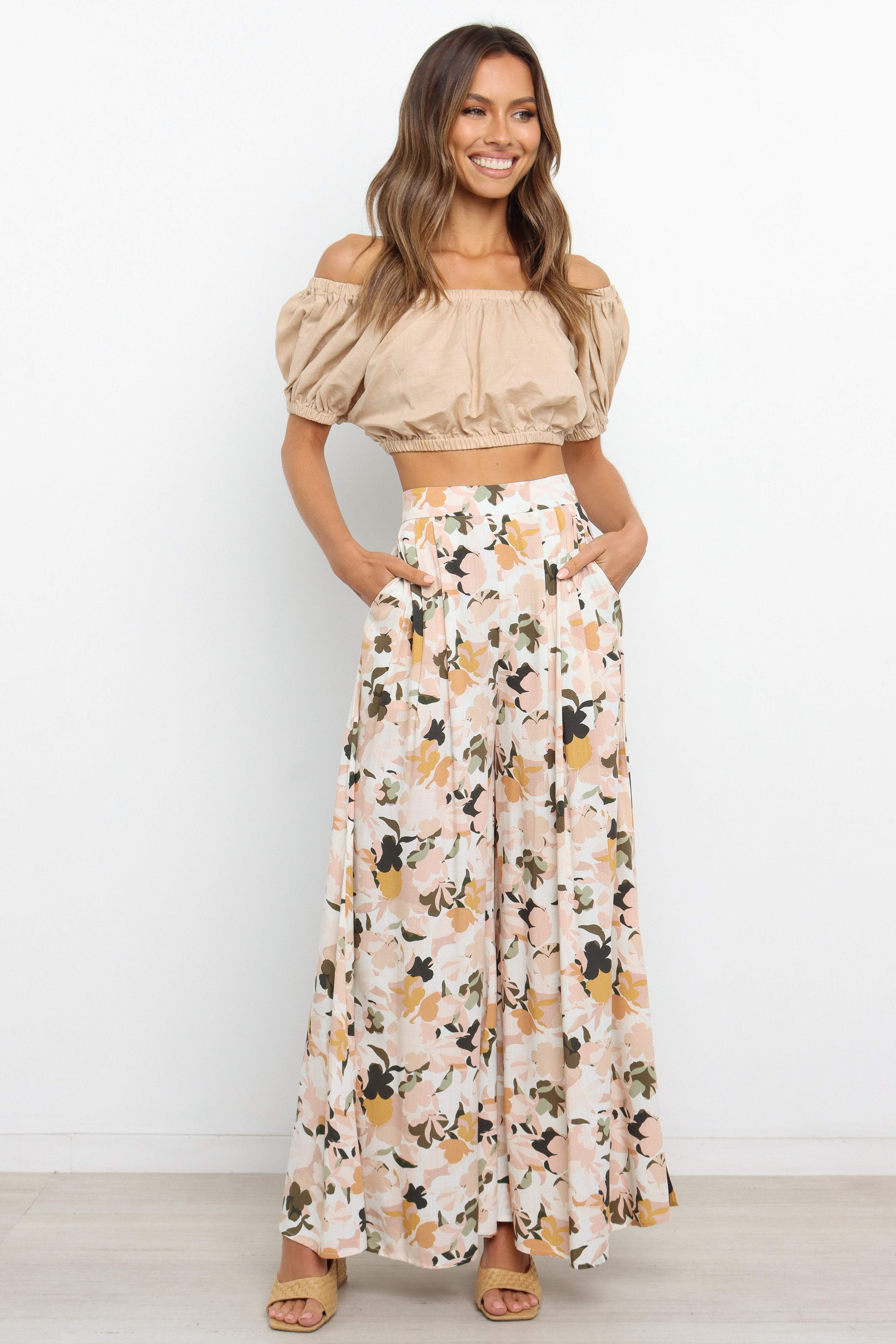 Floral Print High Waisted Wide Leg Pants - Lessie Blush