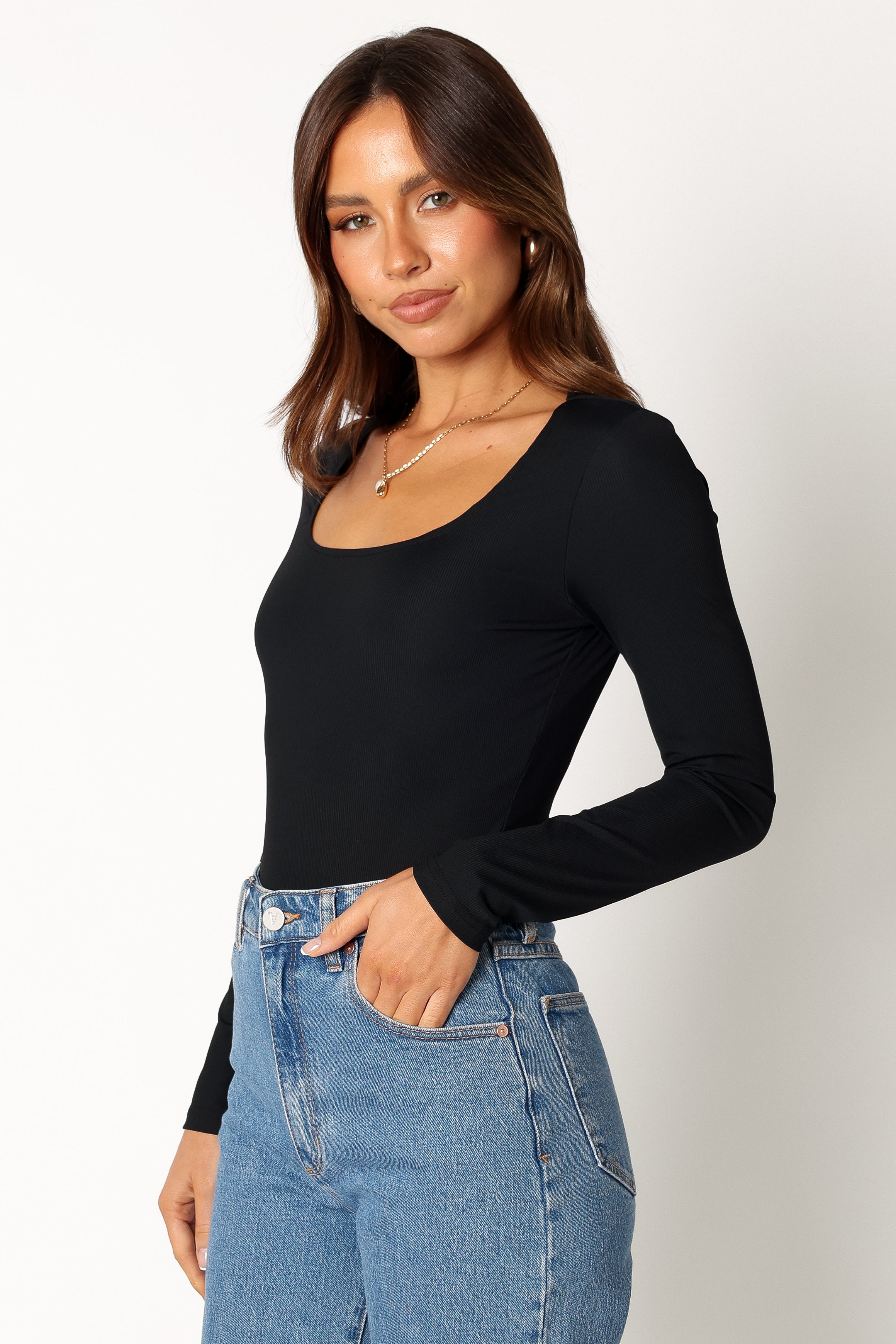 Women's Black Long Sleeve Ribbed Bodysuit - Square Neckline