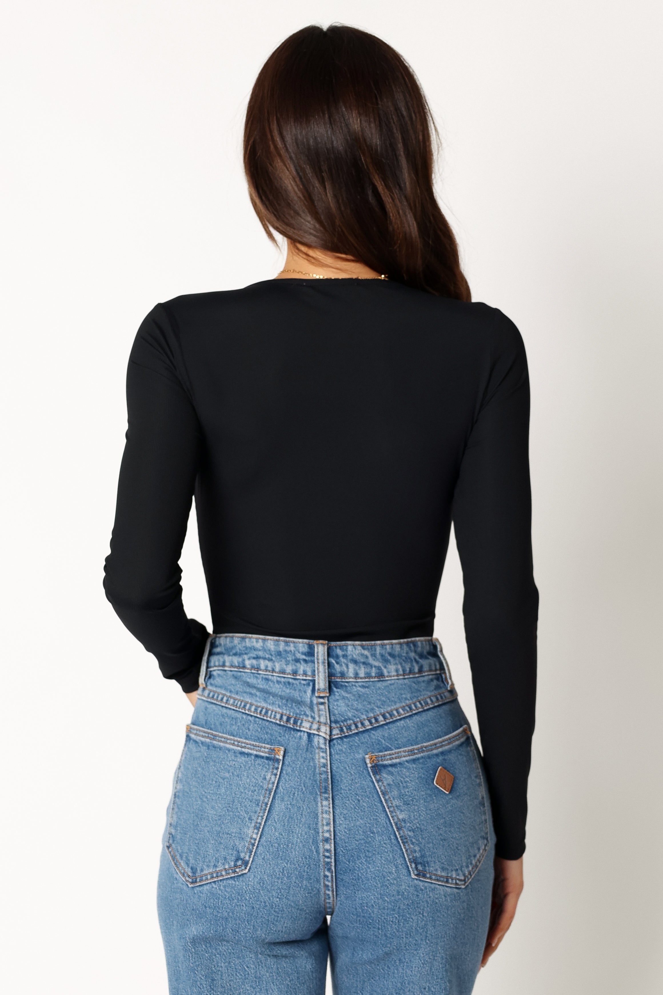 Women's Black Long Sleeve Ribbed Bodysuit - Square Neckline