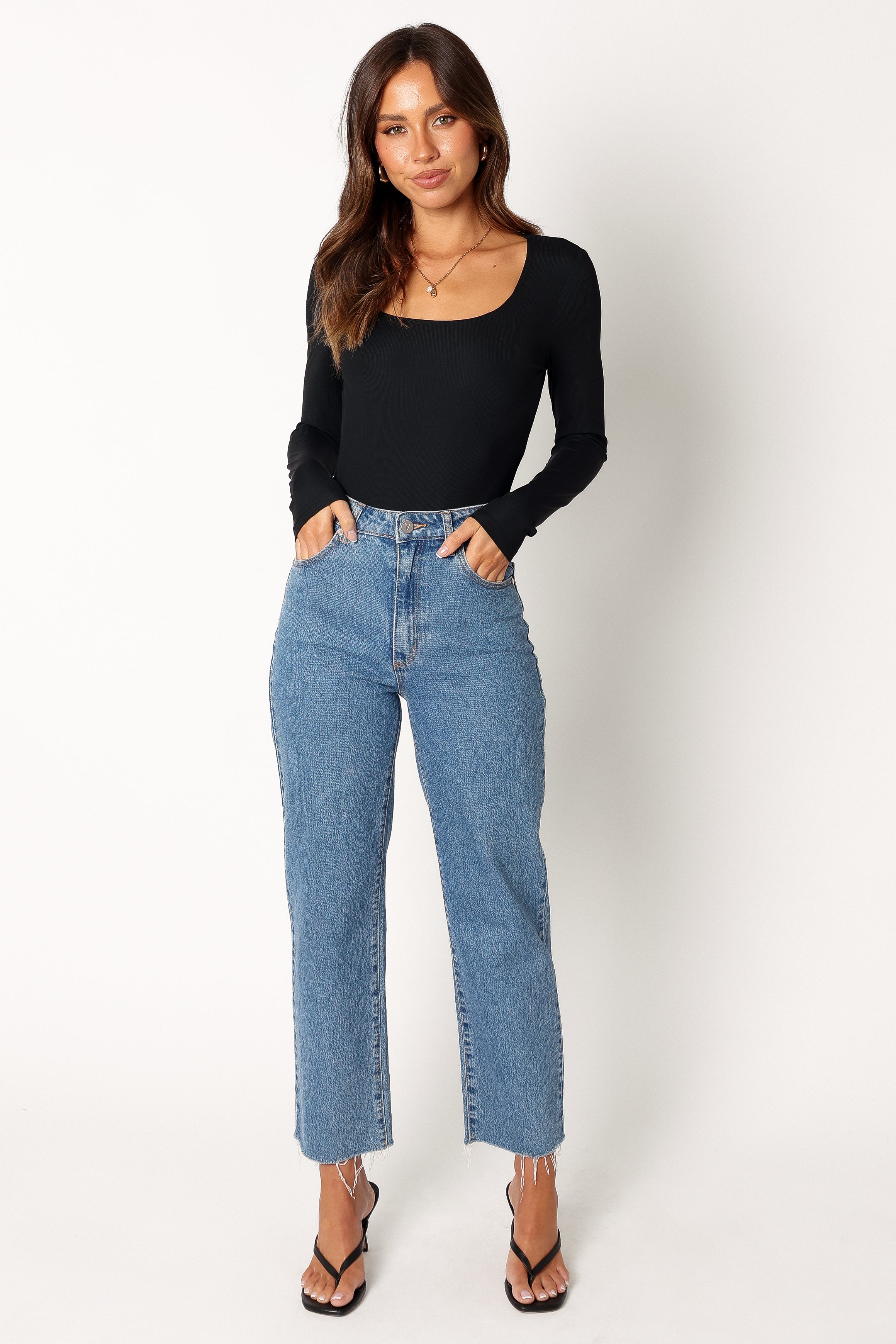 Women's Black Long Sleeve Ribbed Bodysuit - Square Neckline