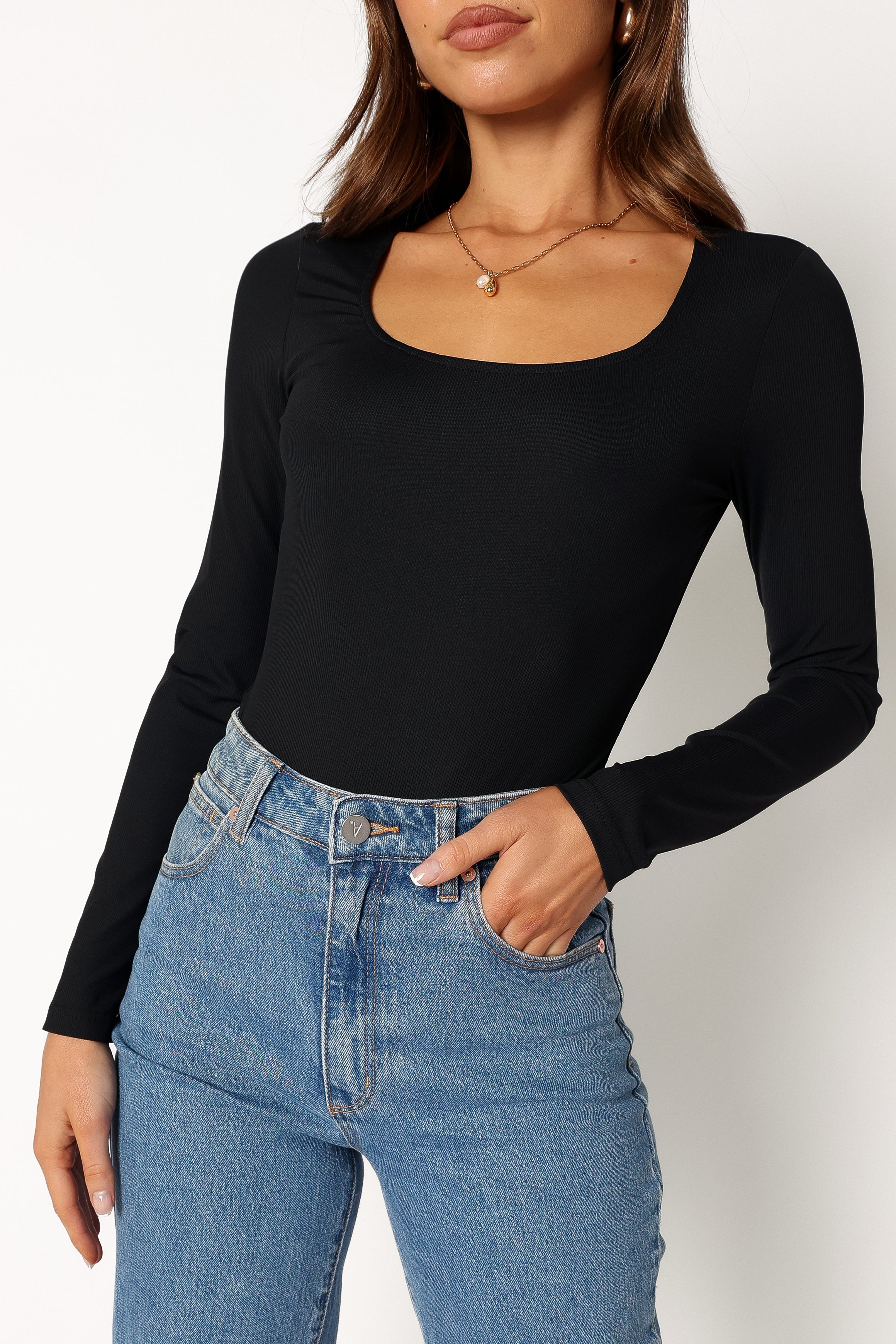 Women's Black Long Sleeve Ribbed Bodysuit - Square Neckline