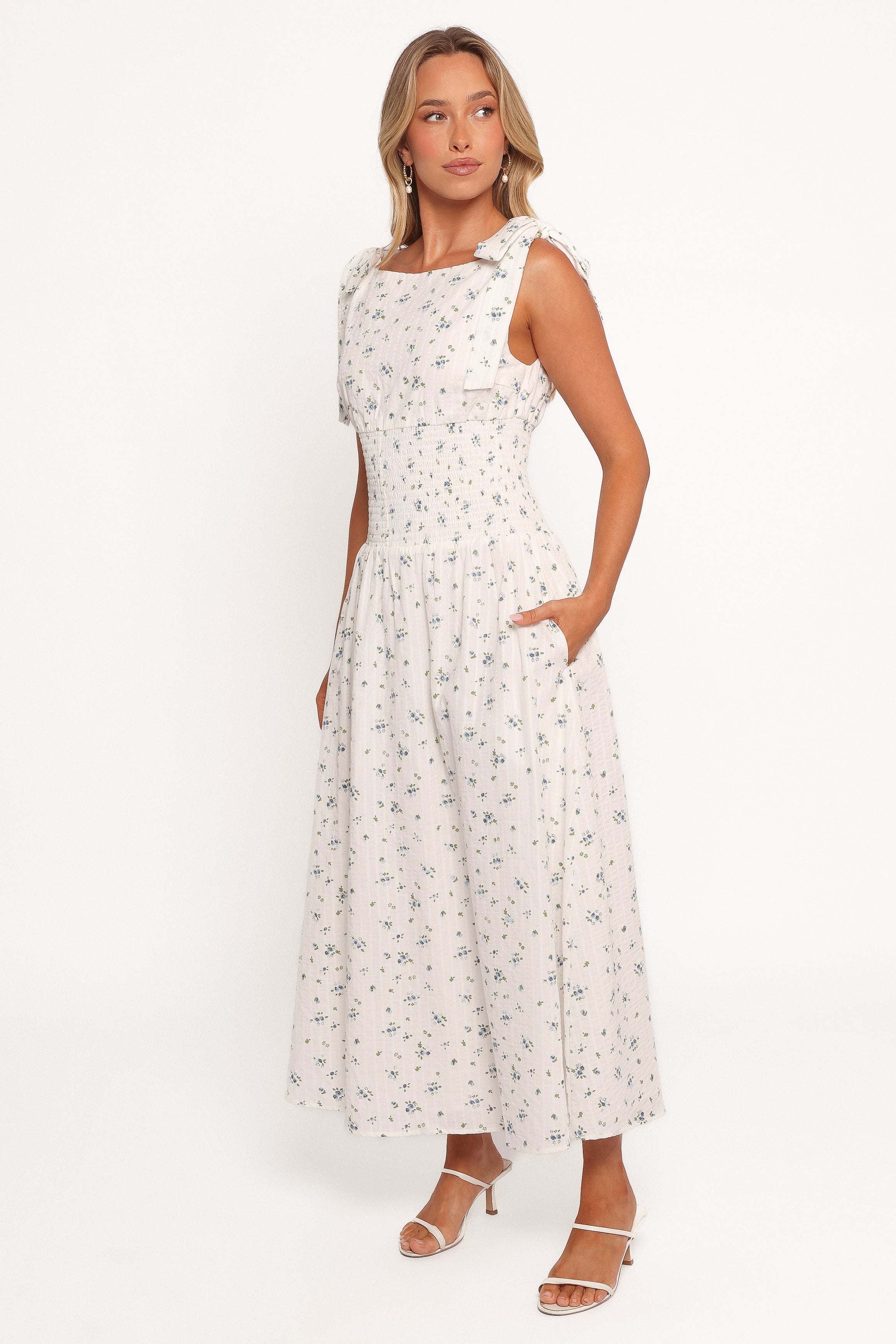 Leticia Blue Floral Midi Dress with Pockets & A-Line Skirt