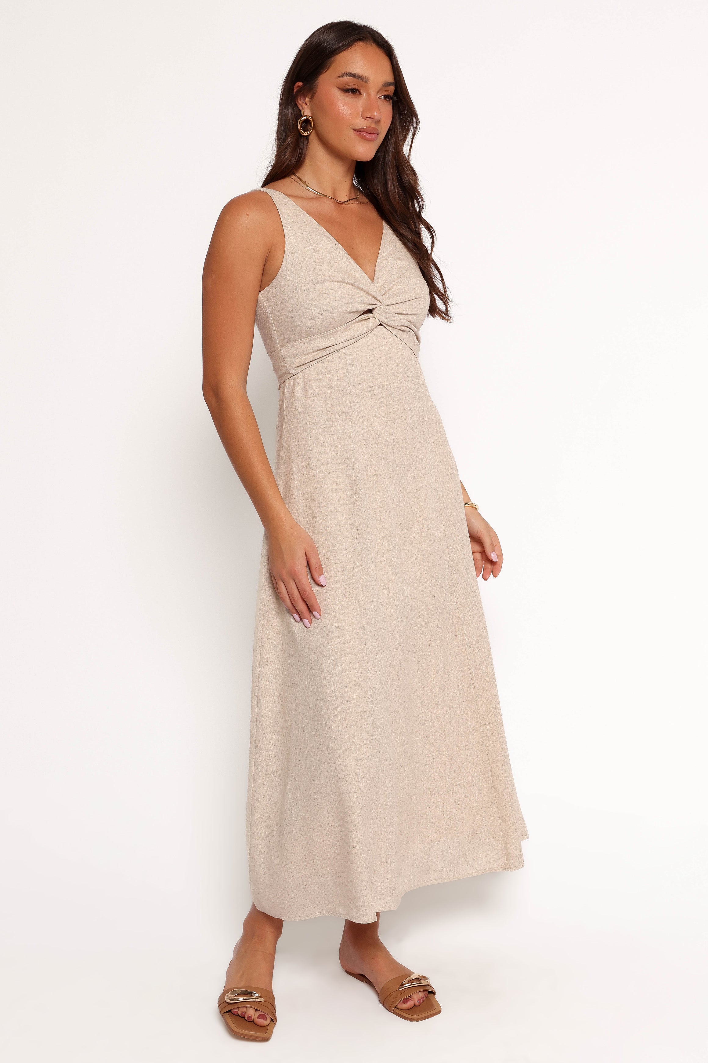 Archer V-Neck Midi Dress with Cut-Out Detail - Oatmeal