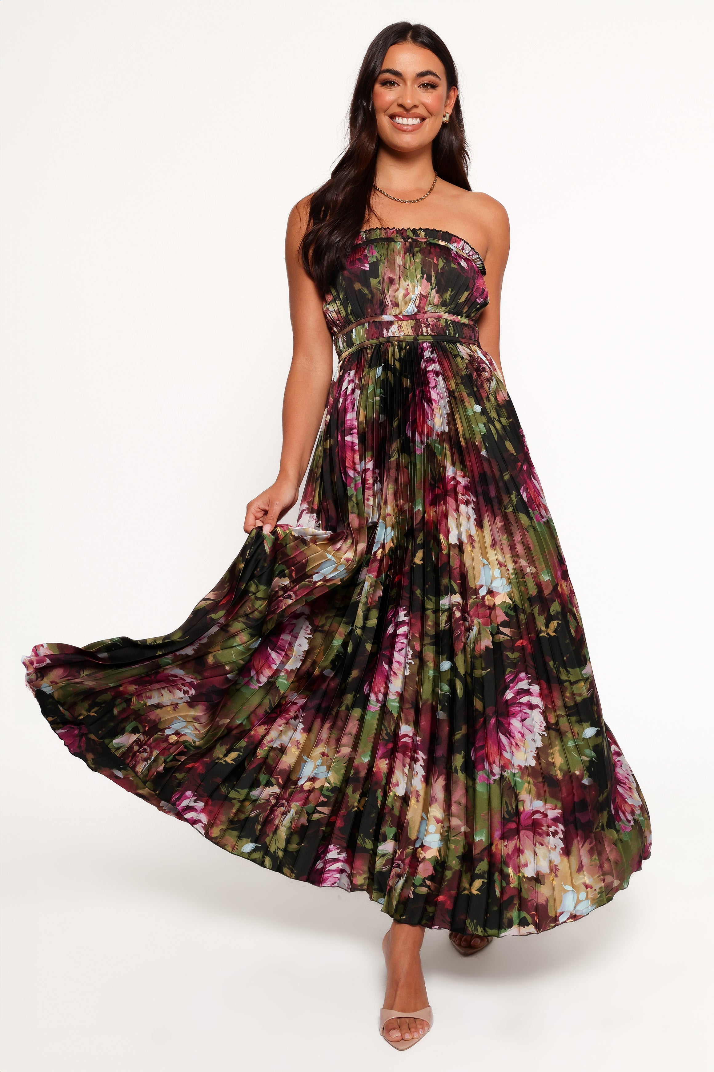 Strapless Floral Maxi Dress - Grey Blurred Print Satin