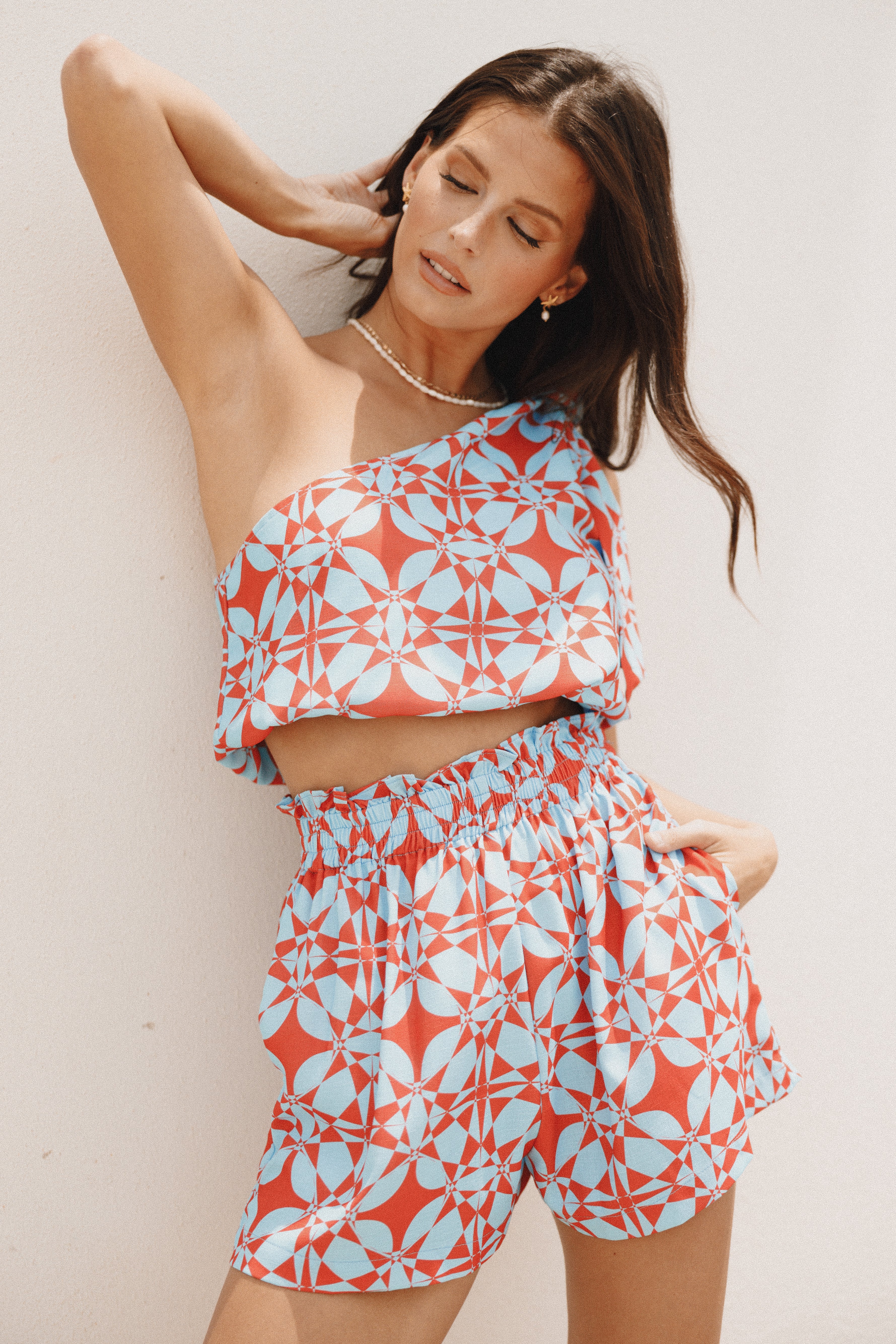 Gretel One Shoulder Short Set - Blue Red Floral Print