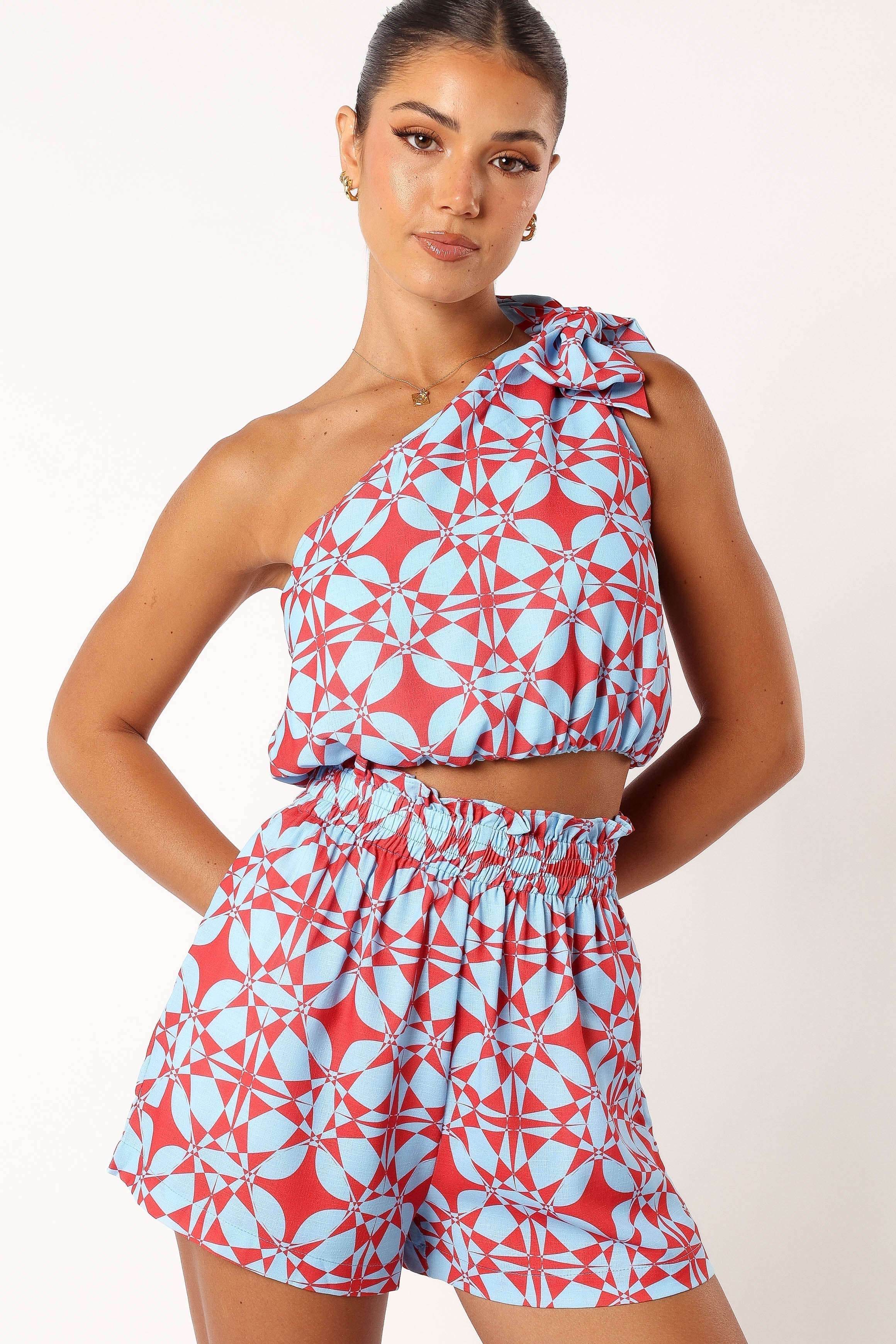 Gretel One Shoulder Short Set - Blue Red Floral Print
