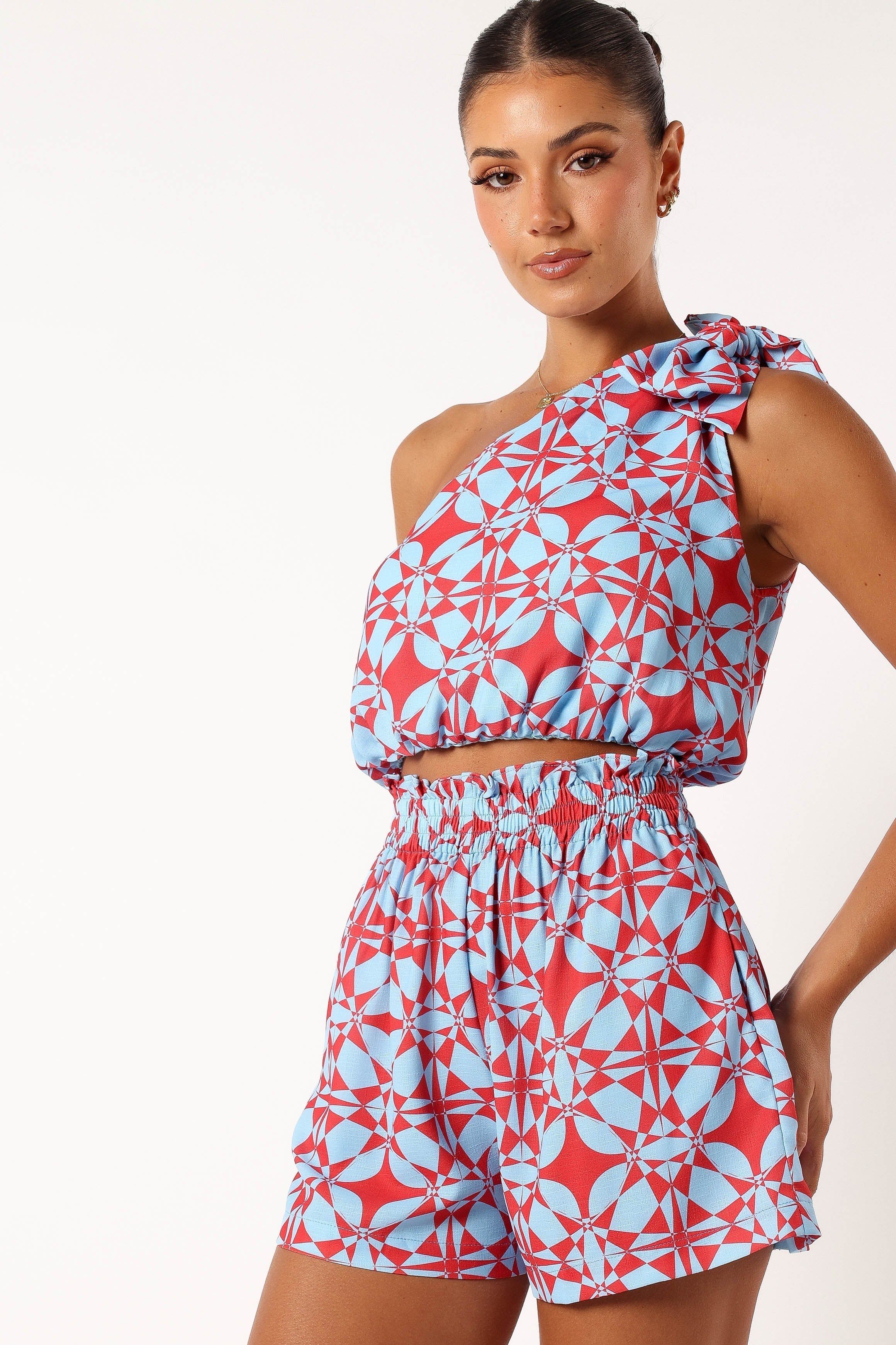 Gretel One Shoulder Short Set - Blue Red Floral Print