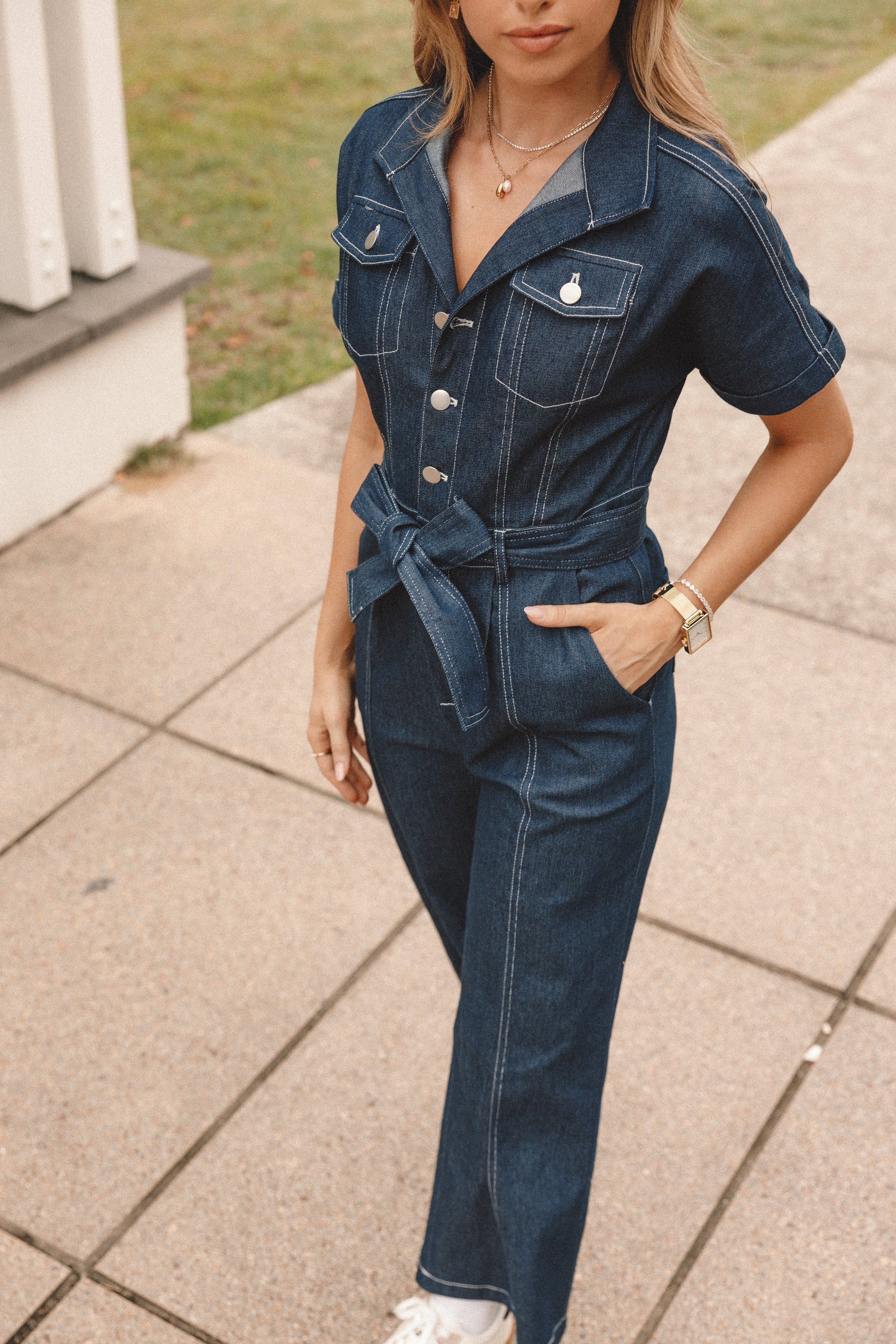 Denim Jumpsuit for Women - V-Neck Collared Short Sleeves with Pockets