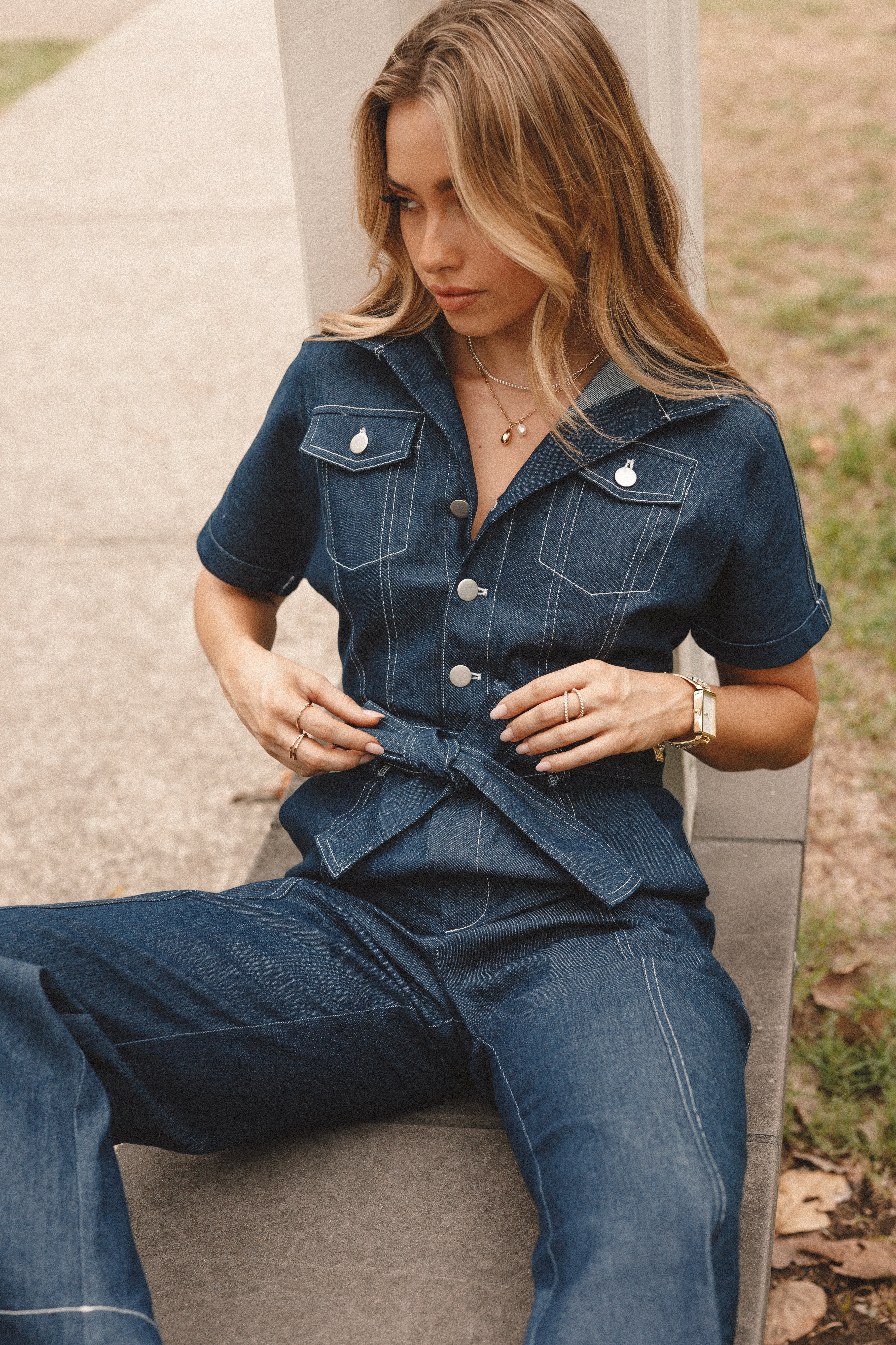 Denim Jumpsuit for Women - V-Neck Collared Short Sleeves with Pockets