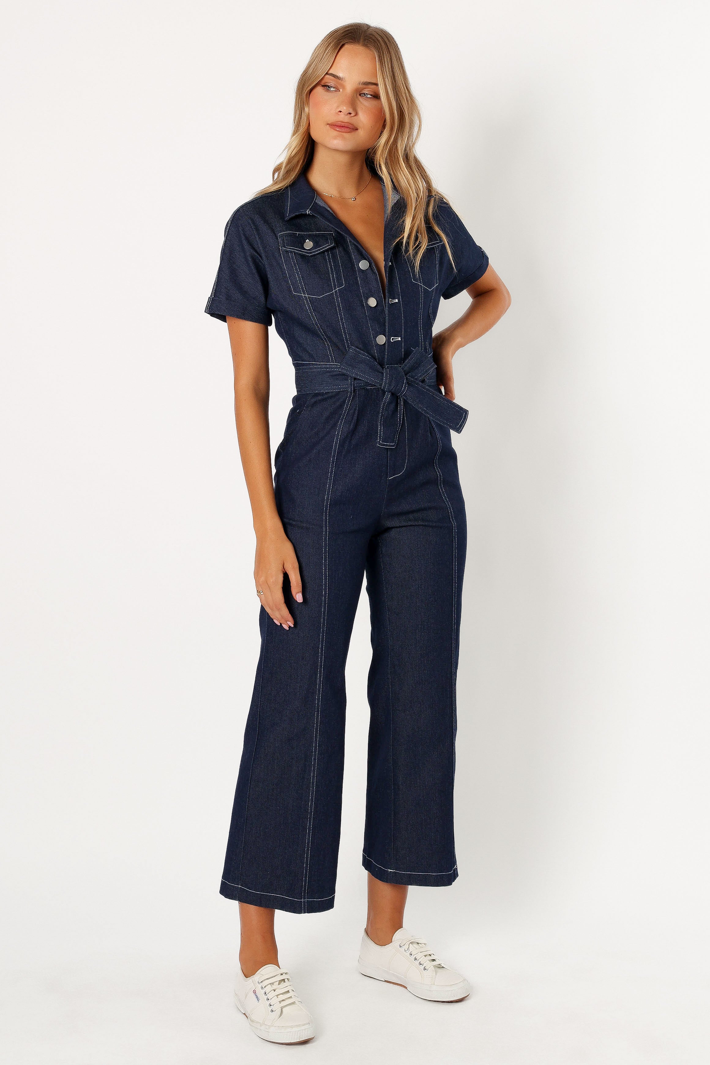 Denim Jumpsuit for Women - V-Neck Collared Short Sleeves with Pockets