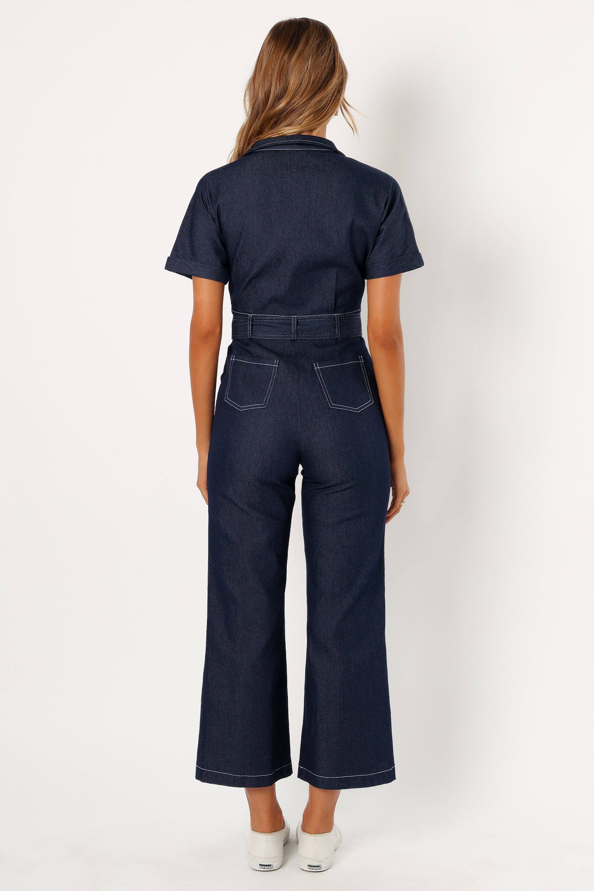 Denim Jumpsuit for Women - V-Neck Collared Short Sleeves with Pockets
