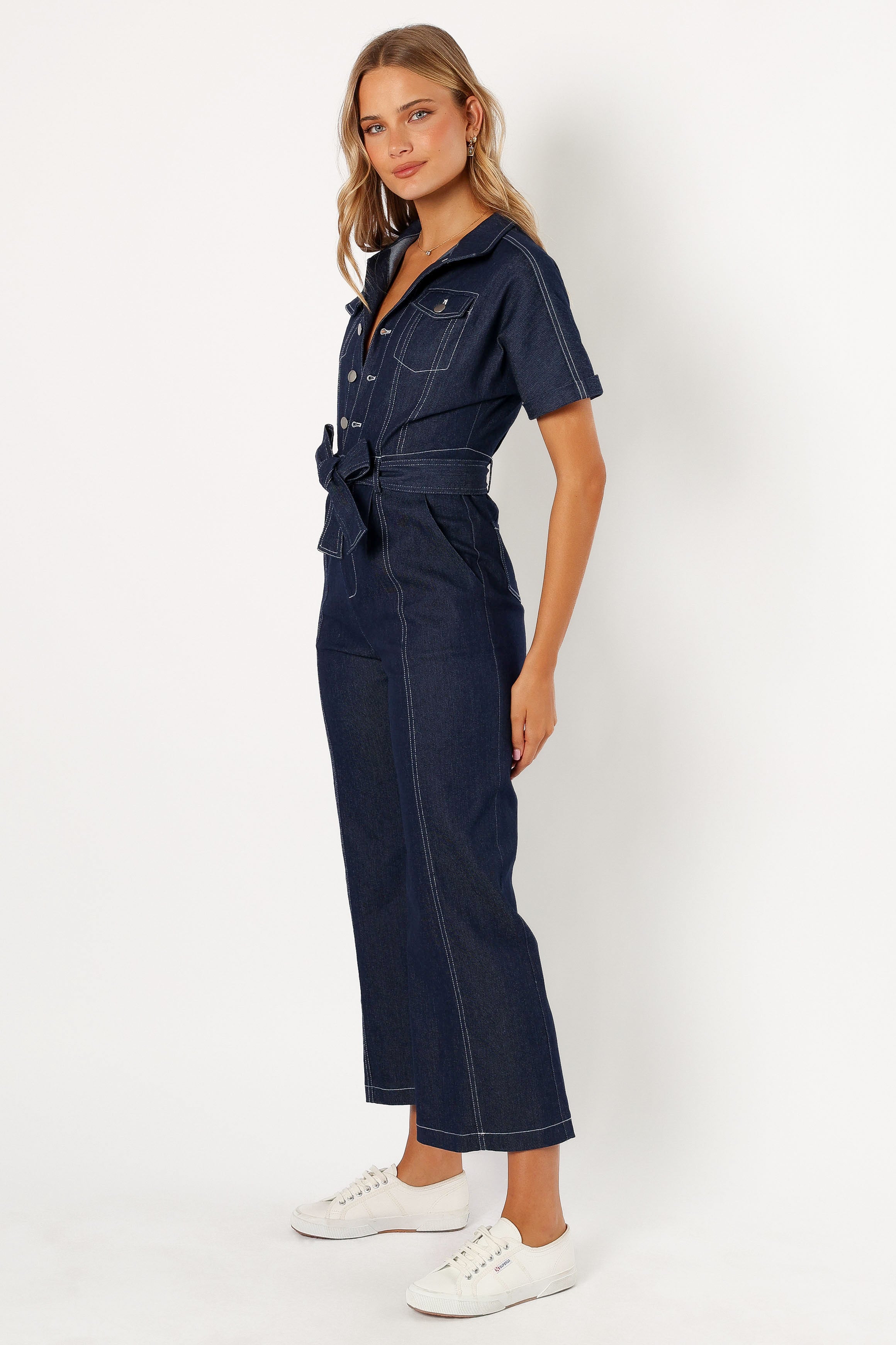 Denim Jumpsuit for Women - V-Neck Collared Short Sleeves with Pockets