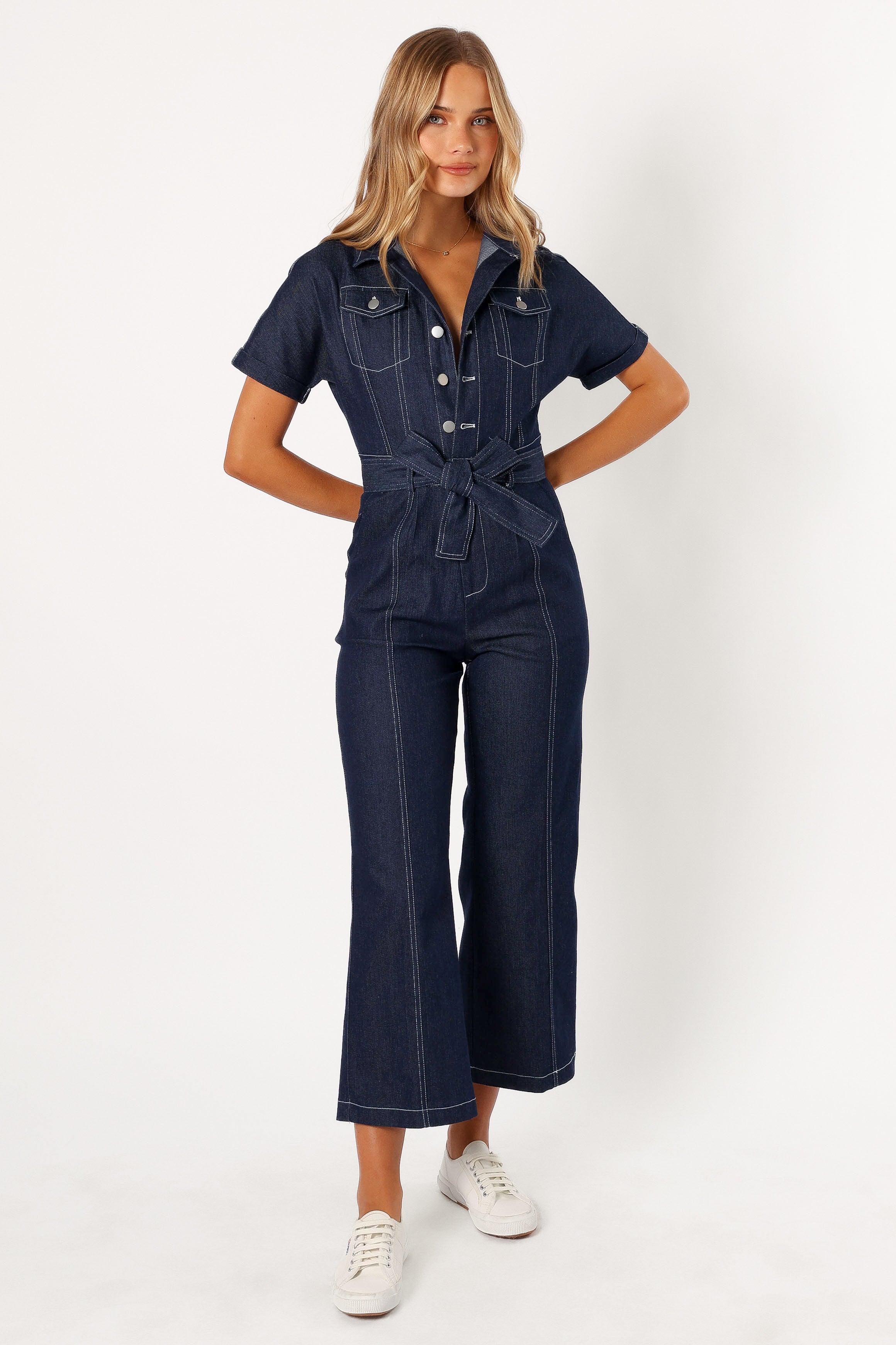 Denim Jumpsuit for Women - V-Neck Collared Short Sleeves with Pockets