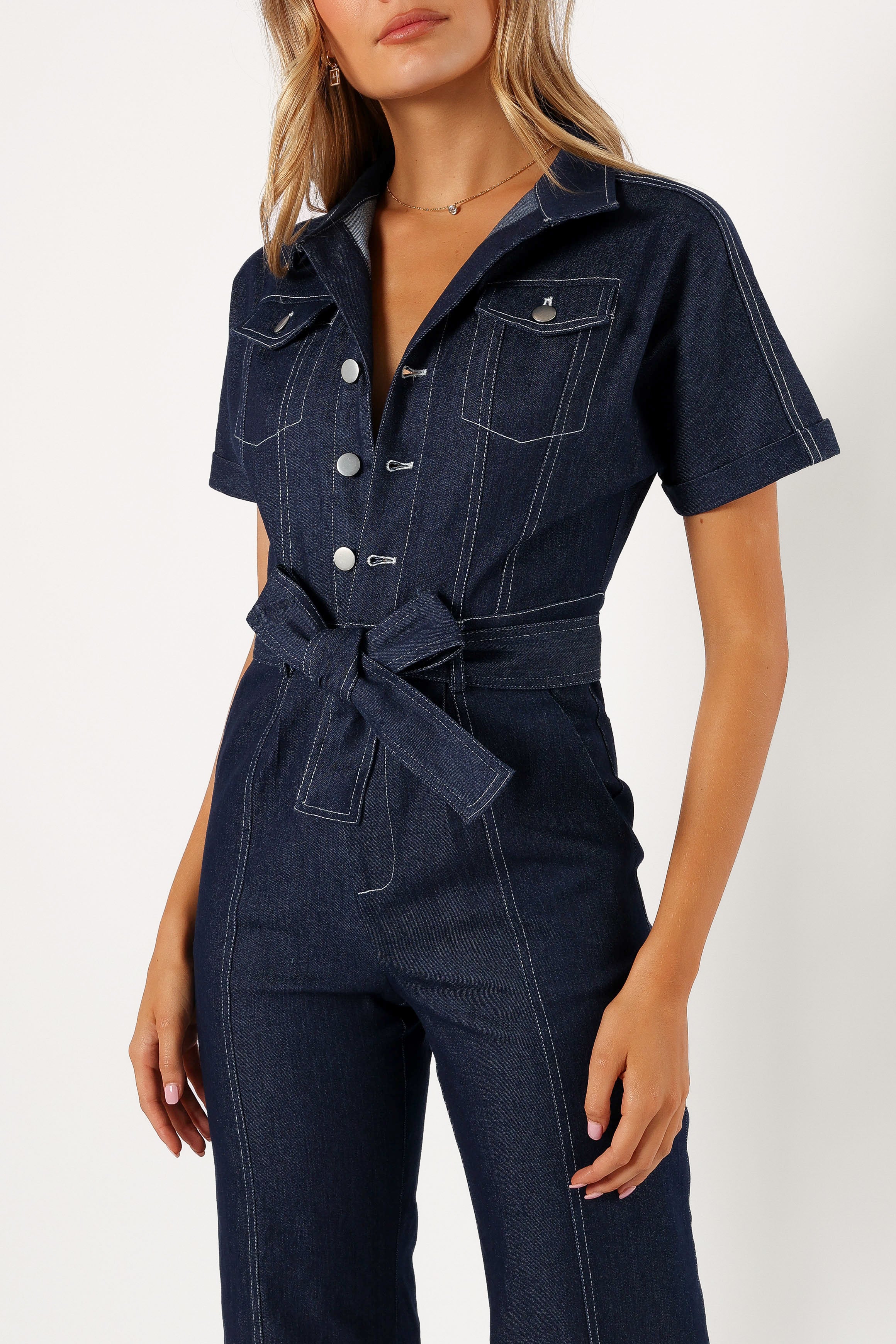 Denim Jumpsuit for Women - V-Neck Collared Short Sleeves with Pockets