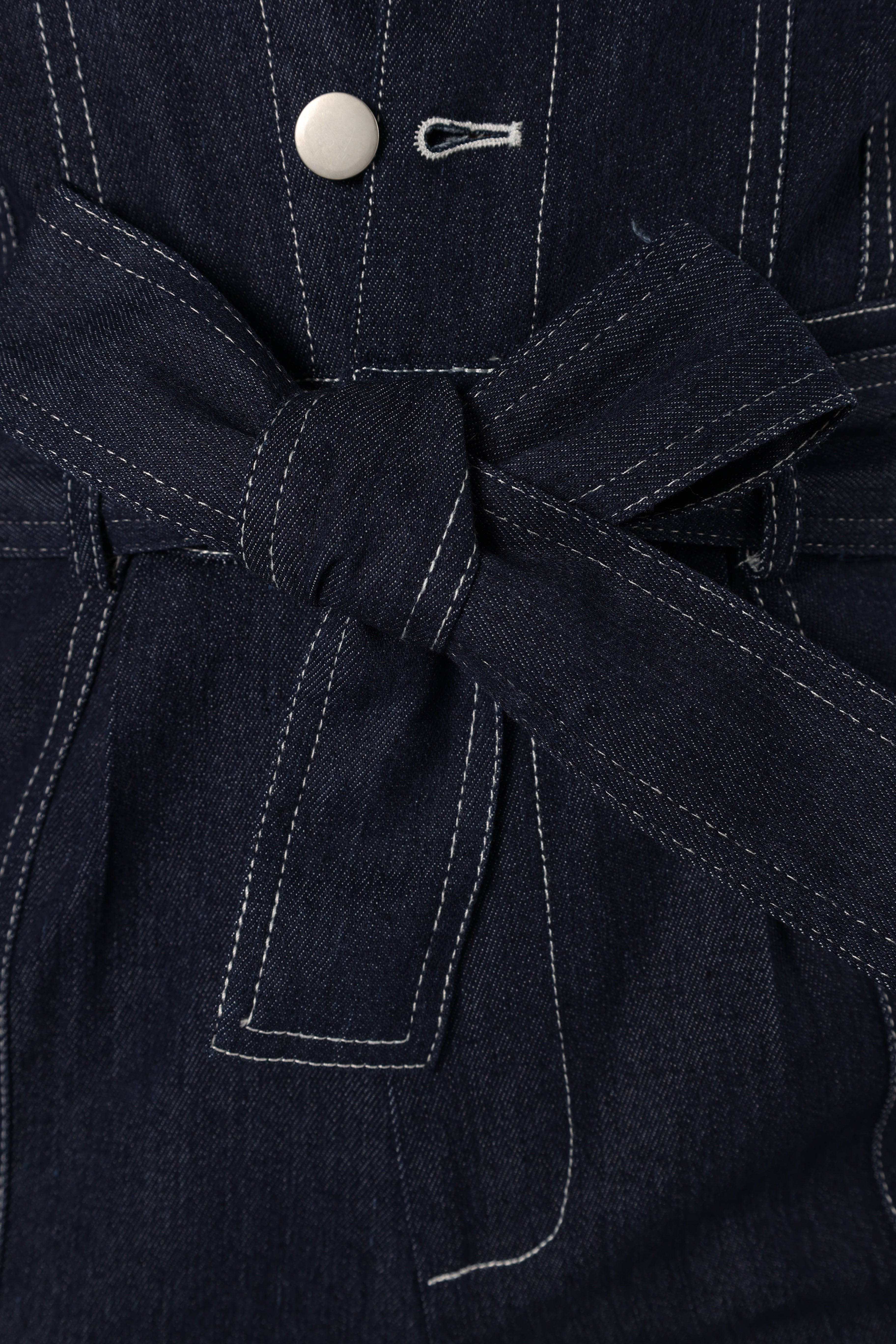 Denim Jumpsuit for Women - V-Neck Collared Short Sleeves with Pockets