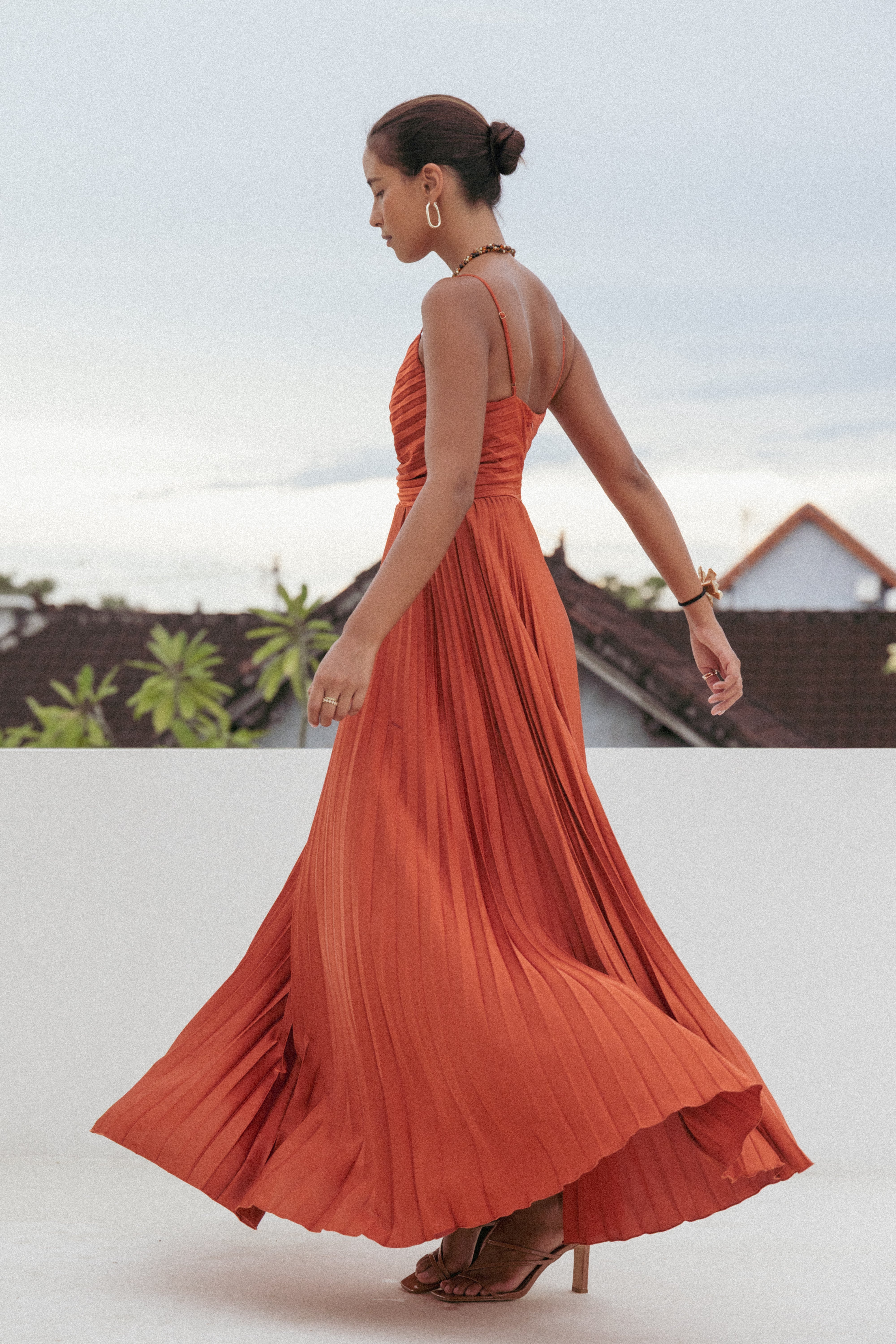 Elegant Pleated Satin Maxi Dress with V Neckline - Sunset Orange