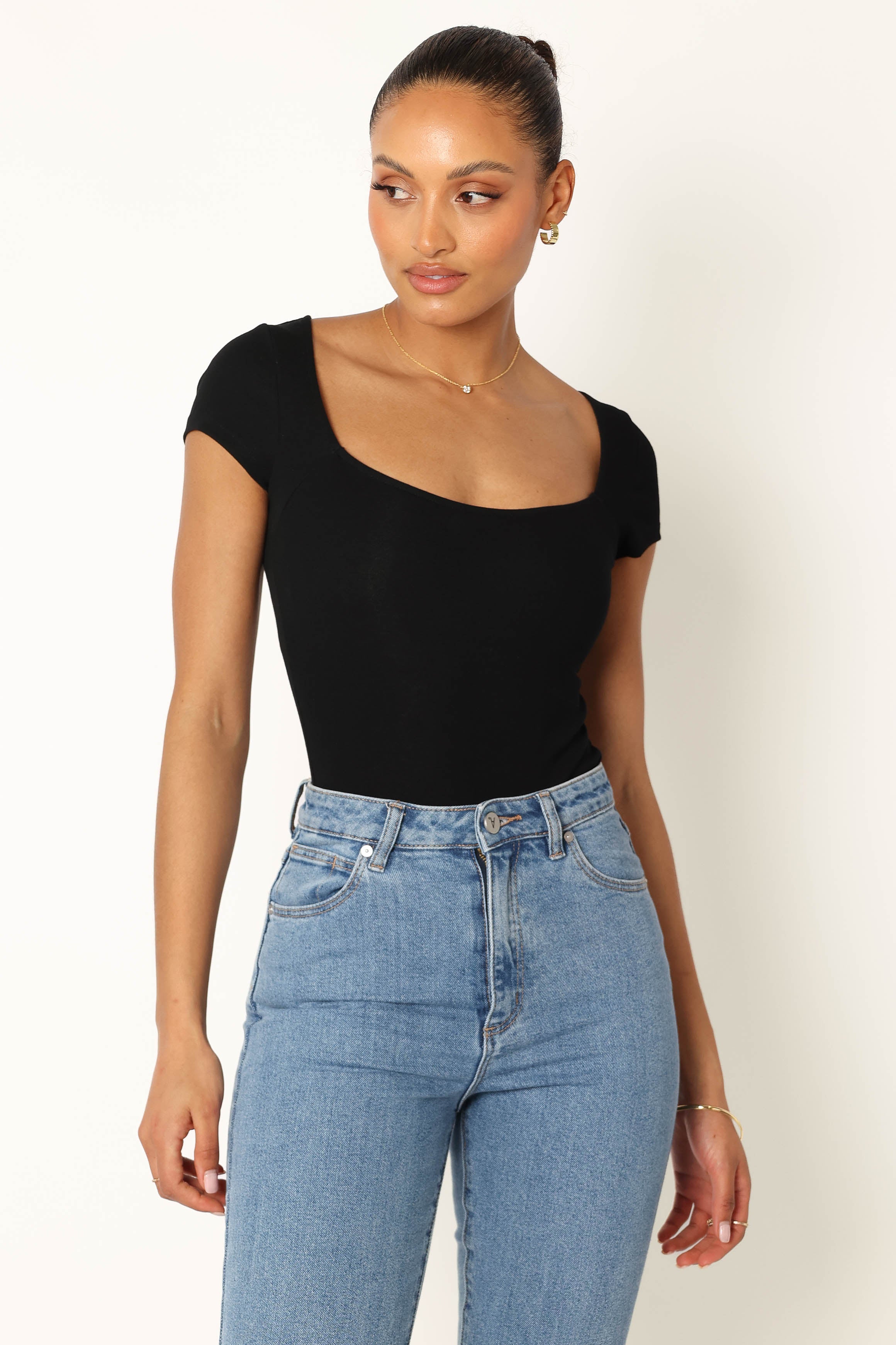 Black Square Neck Bodysuit with Short Sleeves - Natalie