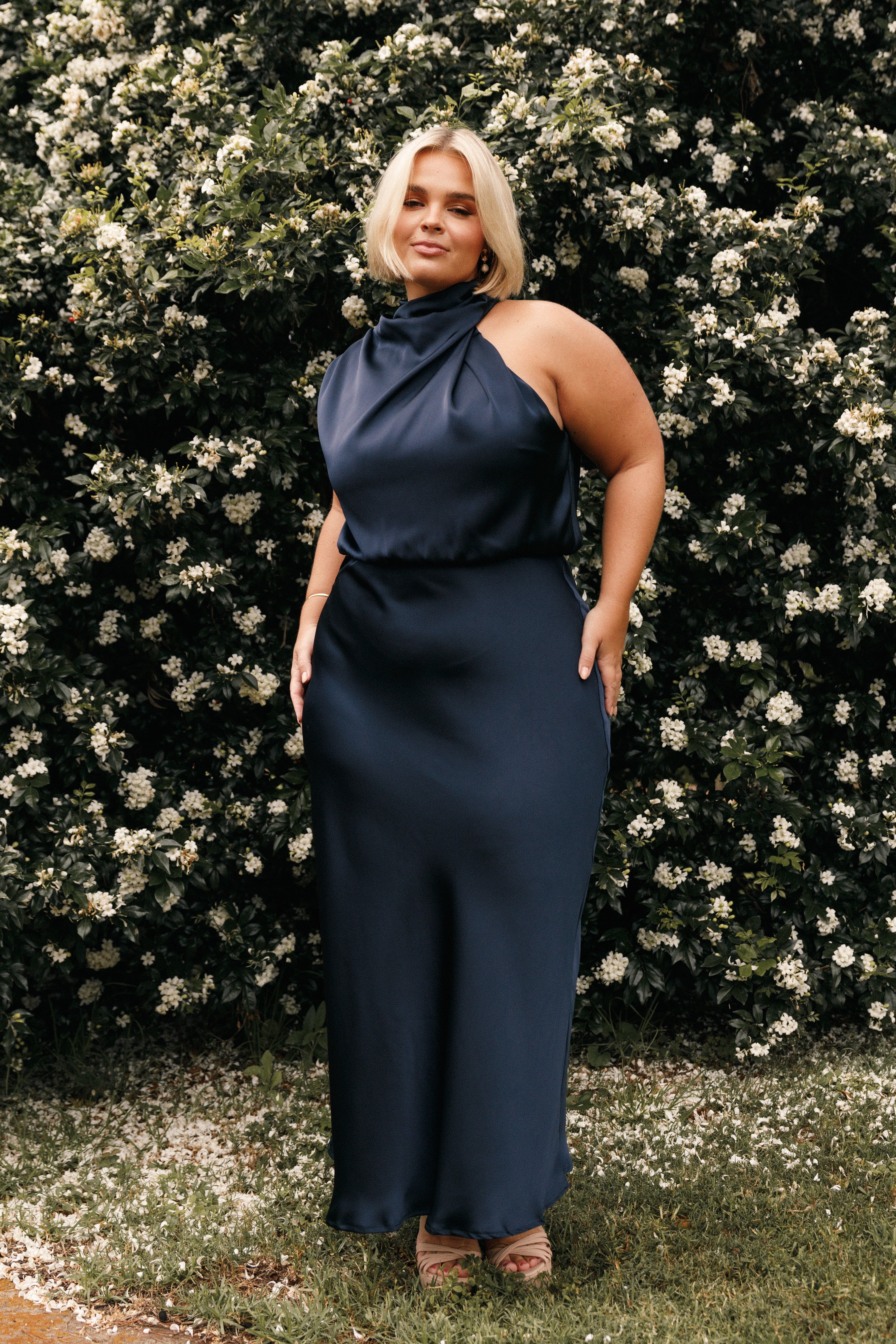 Anabelle Navy Halter Neck Satin Midi Dress for Special Occasions