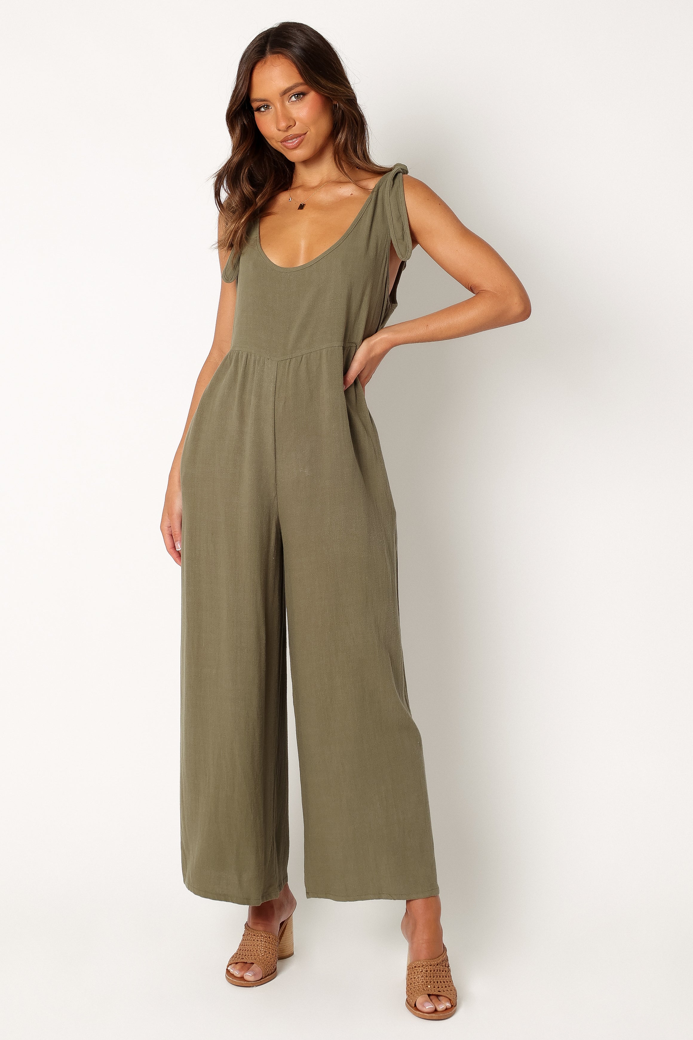 Ayla Linen Wide Leg Jumpsuit with Pockets - Olive