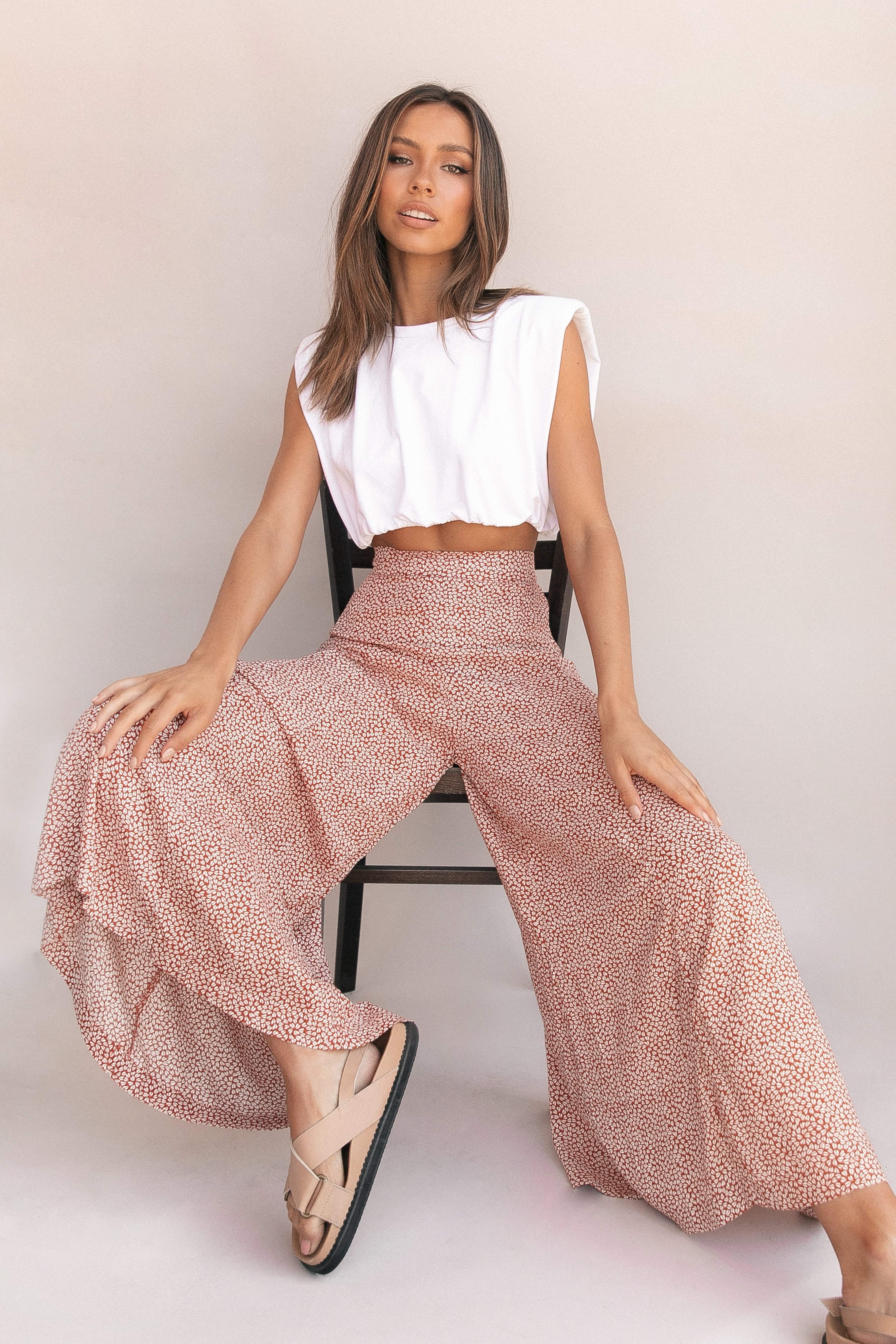 High Waisted Rayon Pants - Neveah Wide Leg Rust Pant