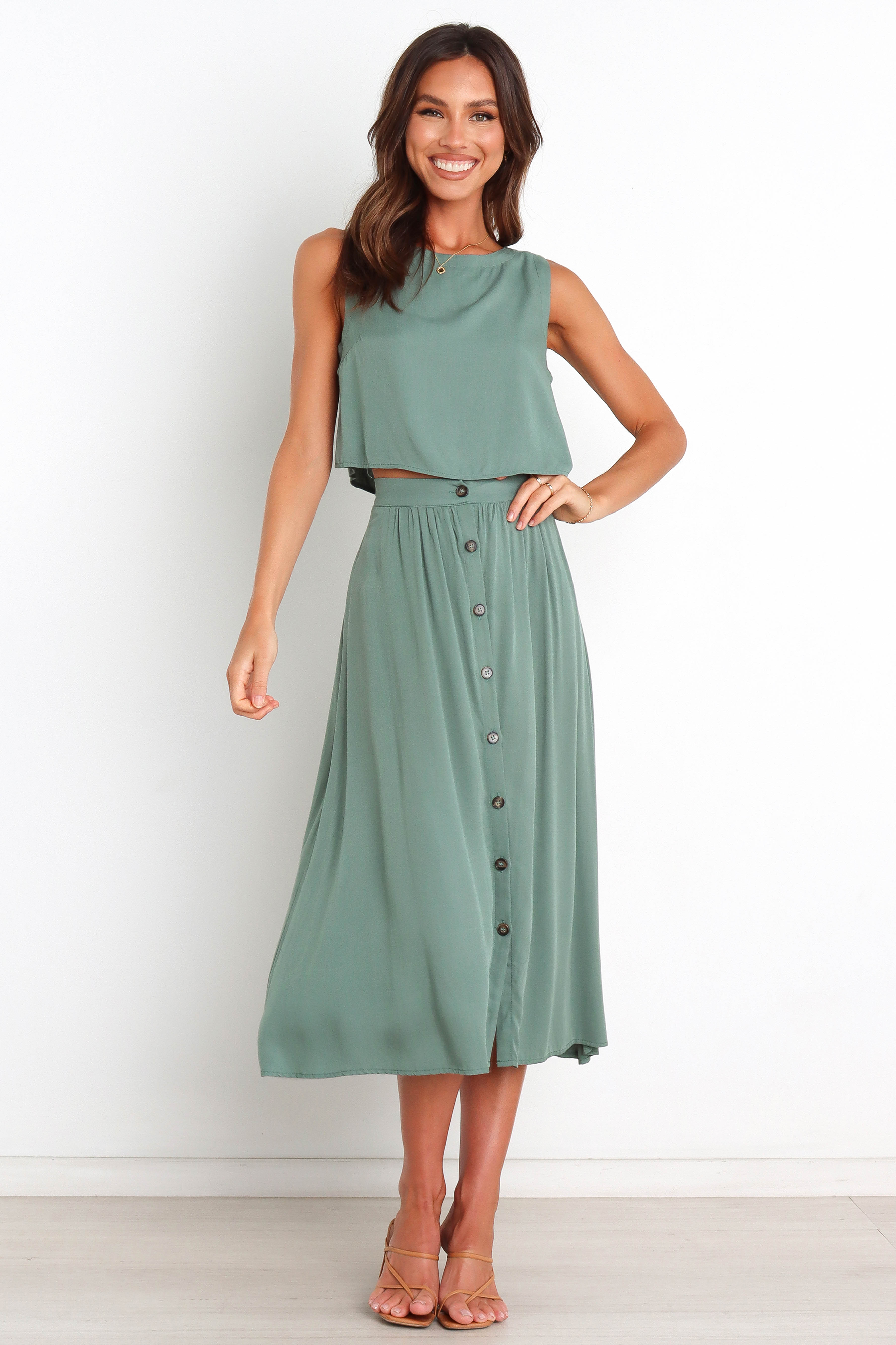 Green A-Line Midi Skirt with Buttons - Ava Elastic Waist Feminine Style