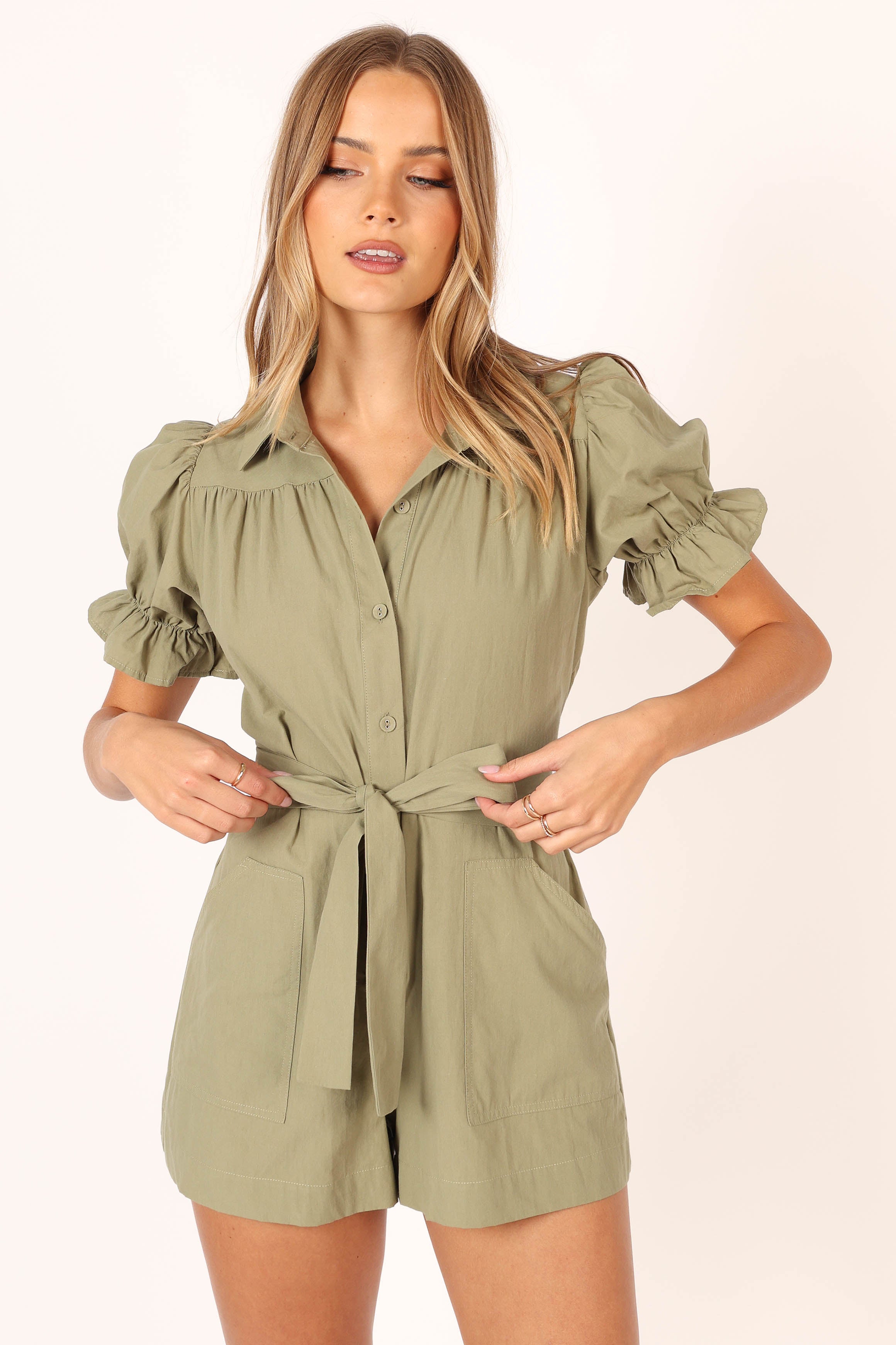 Women's Olive Cotton Romper with Waist Tie & Ruffle Cuffs