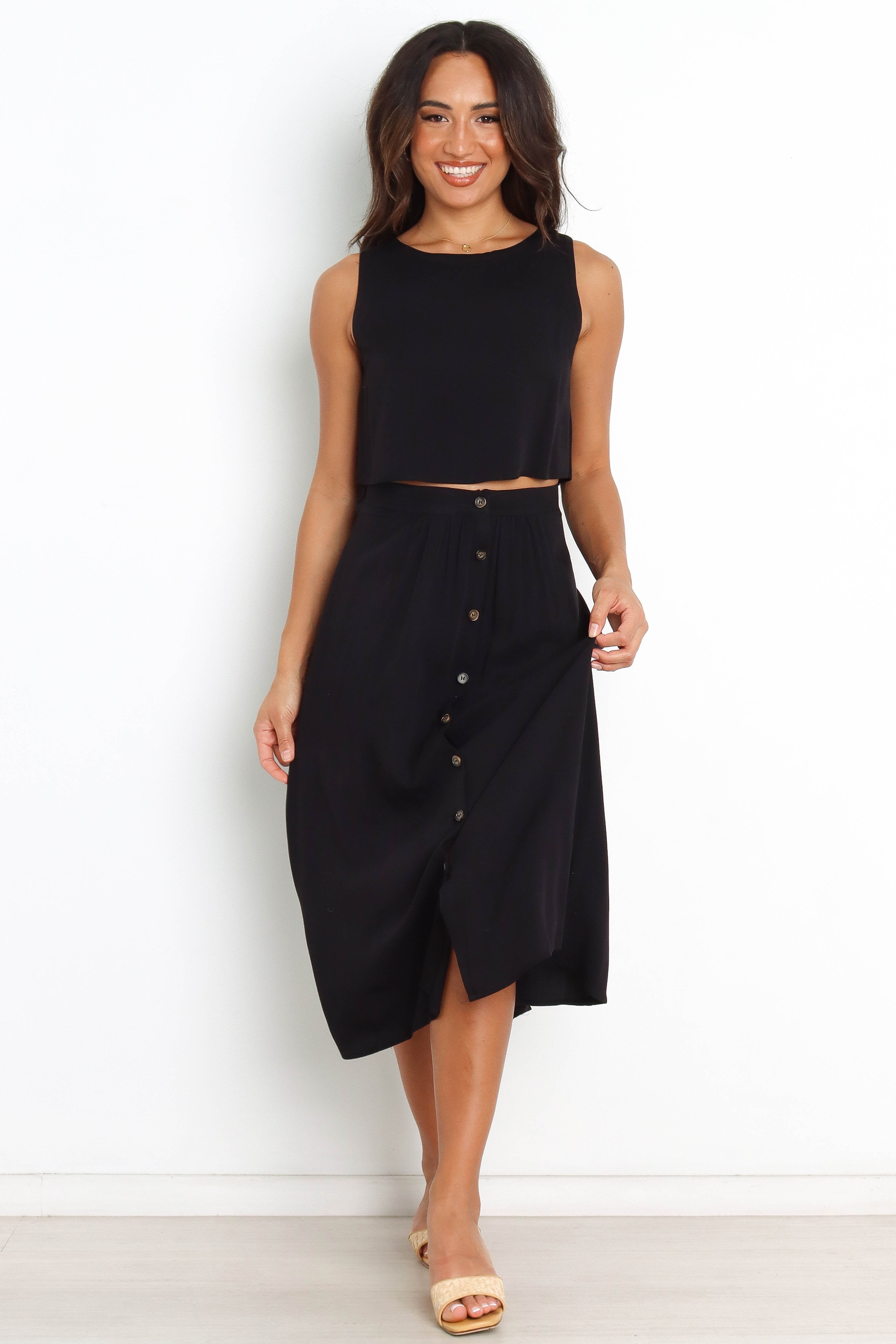 Ava Black Midi Skirt with A-Line Design & Button Front