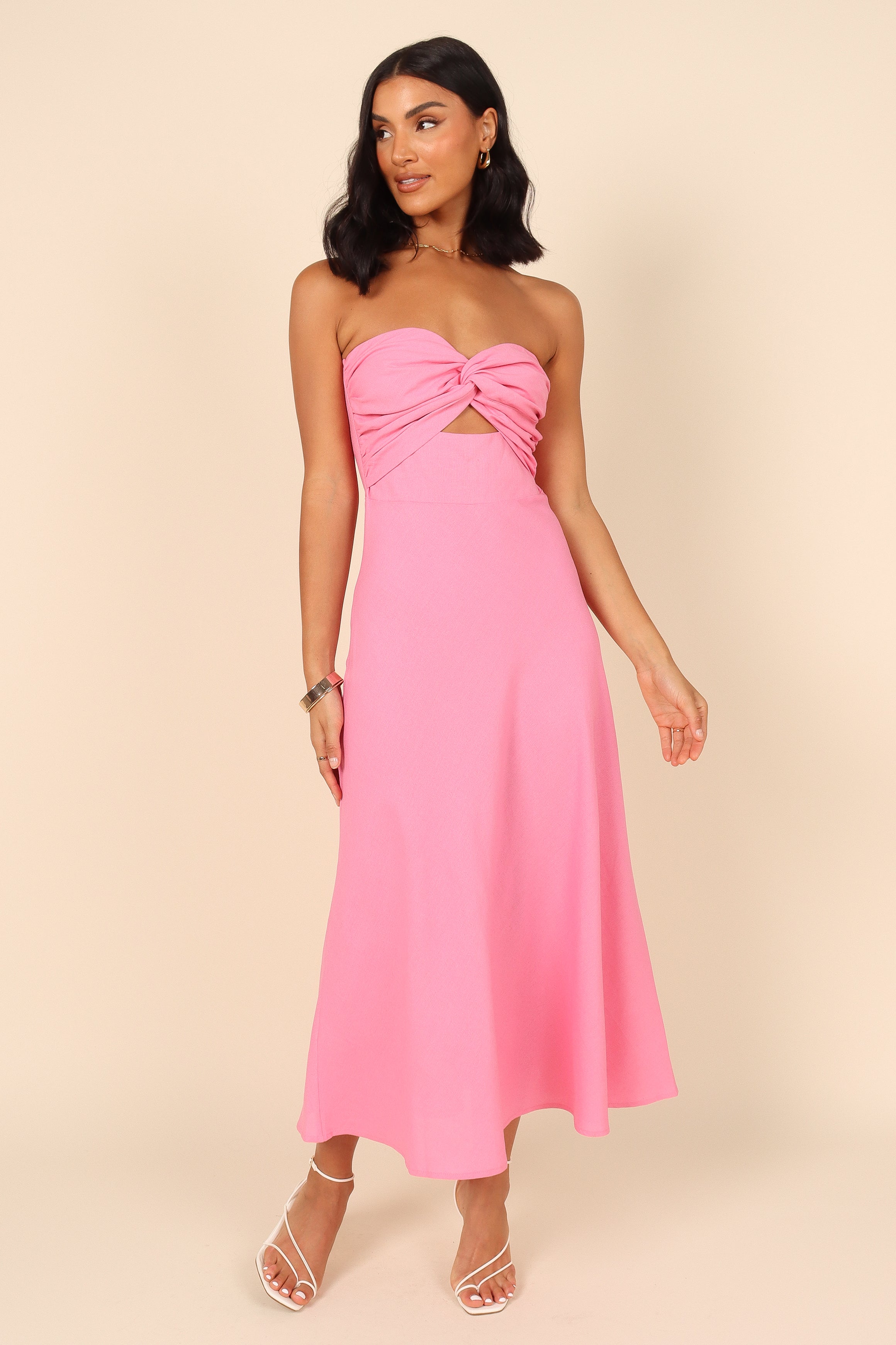 Rosetta Strapless Sweetheart Midi Dress in Pink with Bust Knot Detail