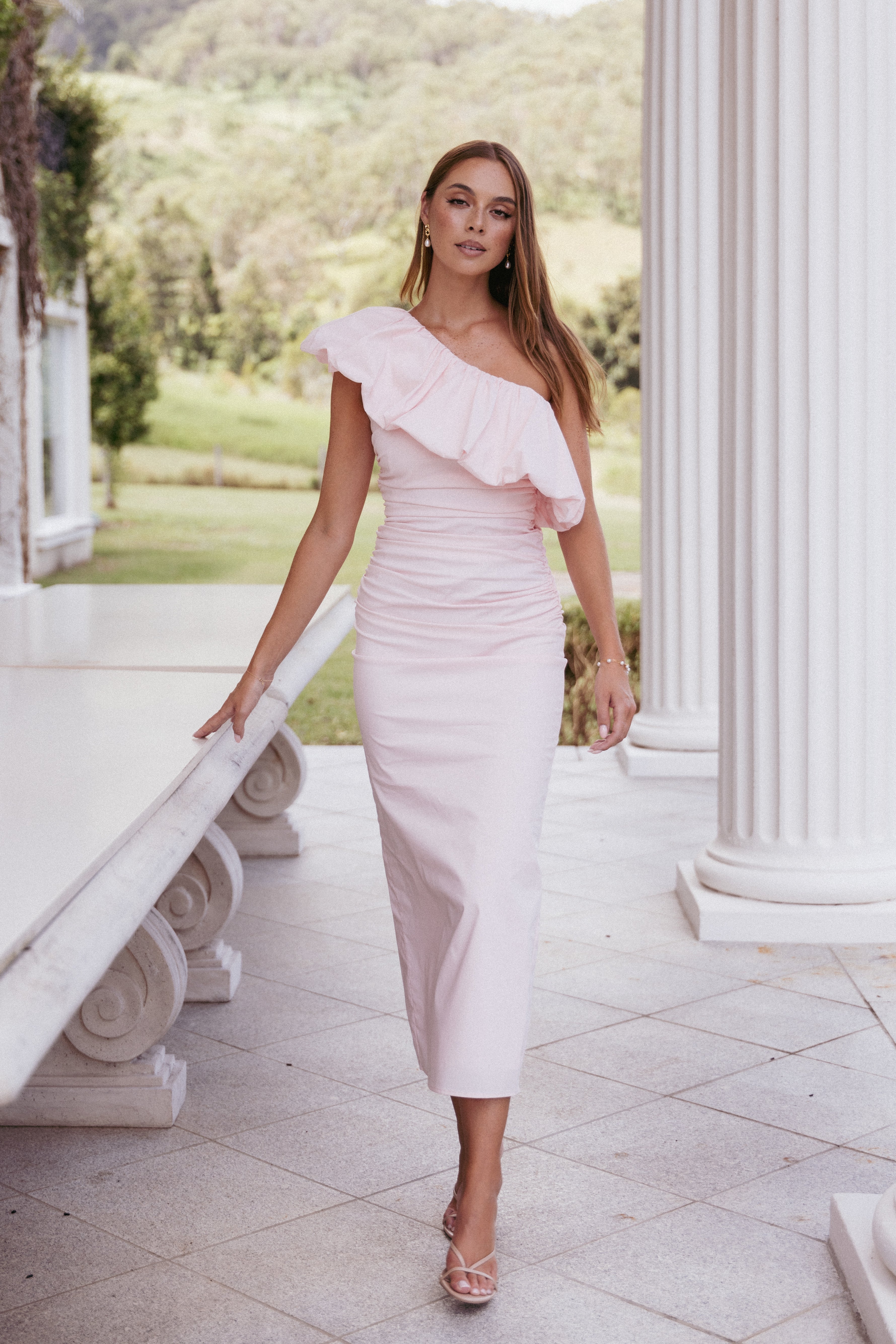Eliya Ballet Pink One Shoulder Frill Maxi Dress with Asymmetrical Neckline