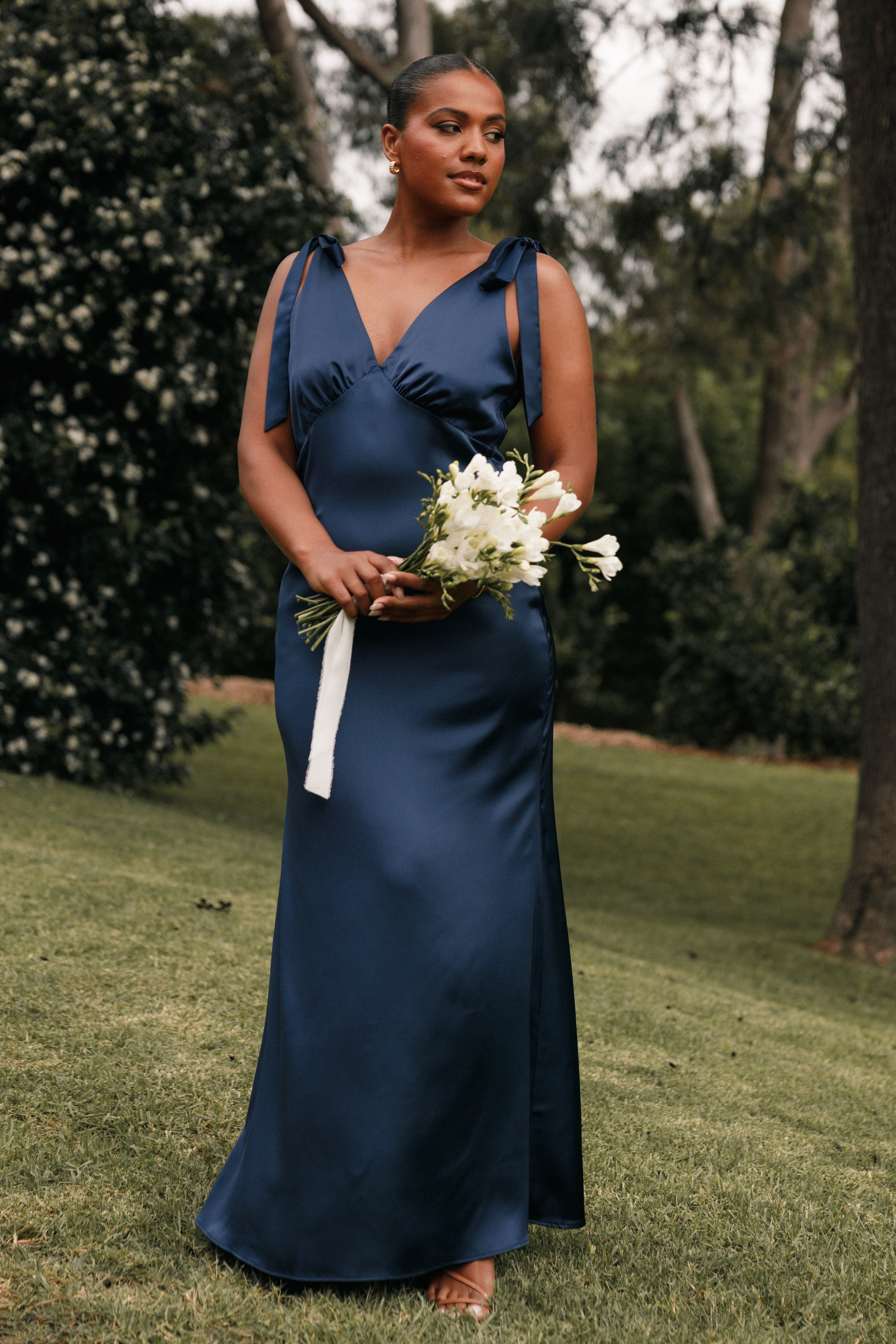 Navy Blue Bow Shoulder Maxi Dress with V-Neck & Tie Straps