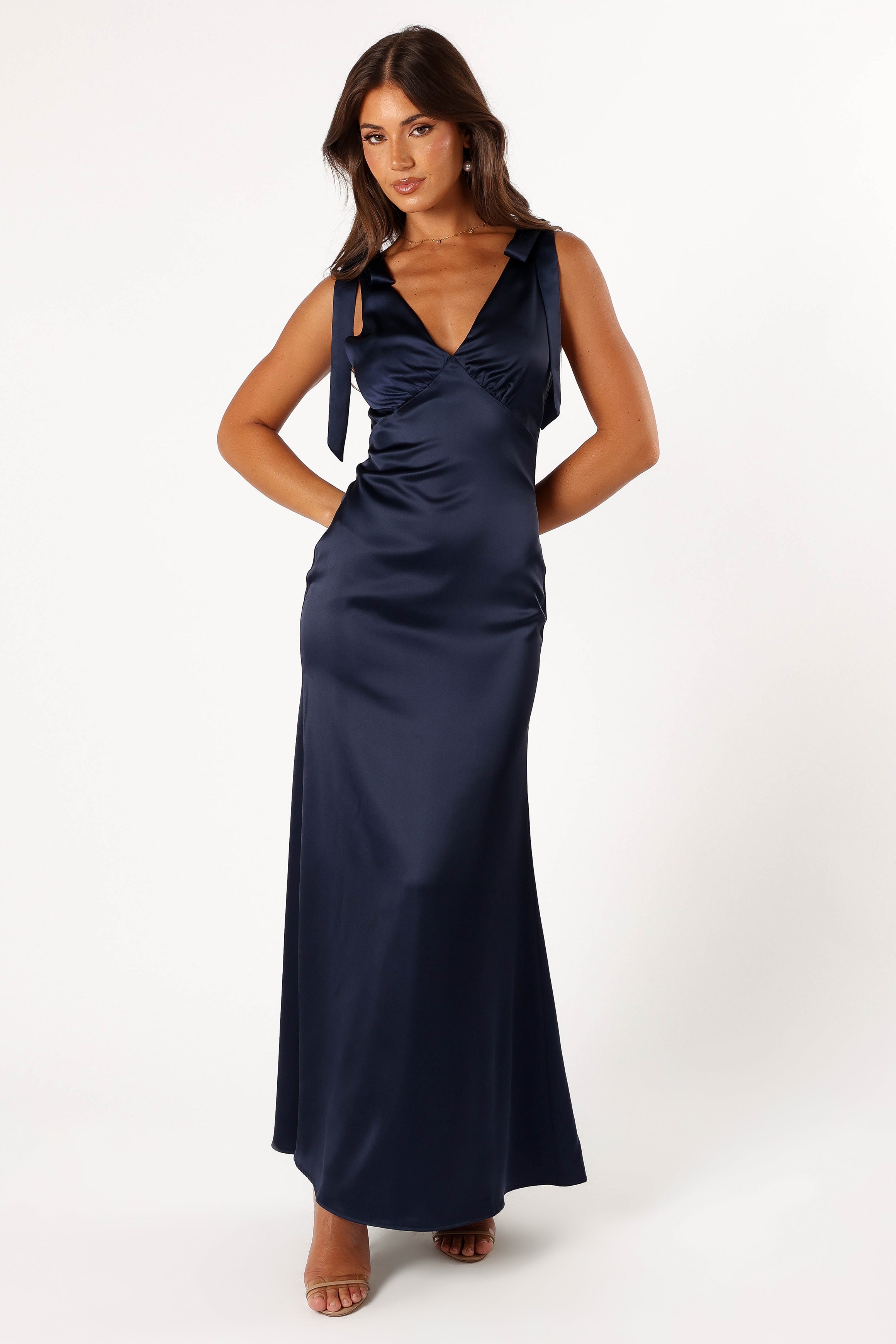 Navy Blue Bow Shoulder Maxi Dress with V-Neck & Tie Straps