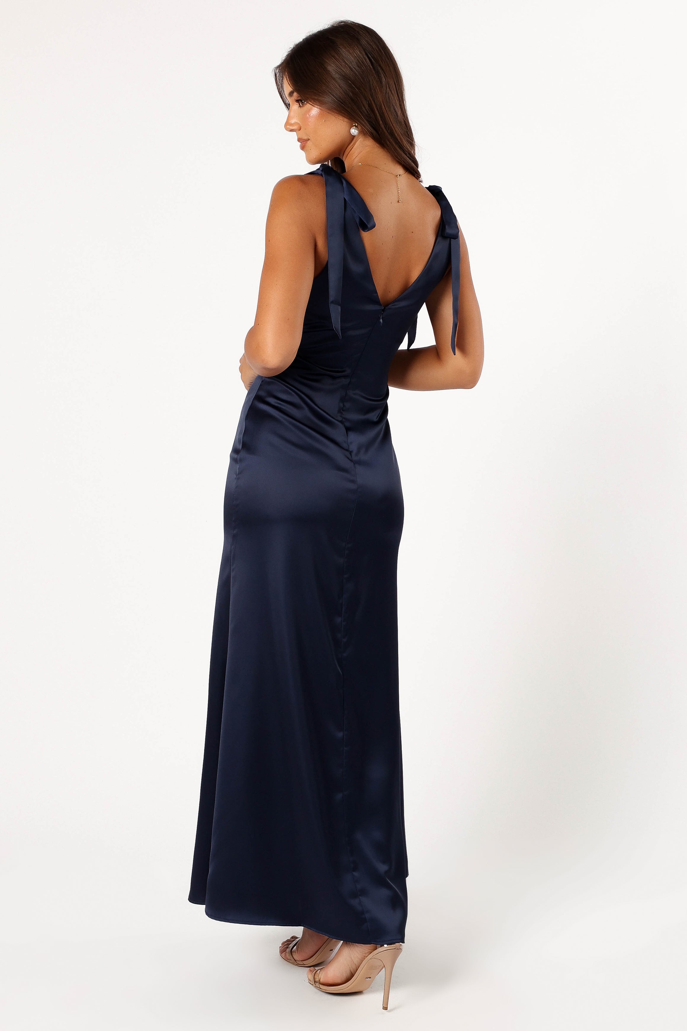 Navy Blue Bow Shoulder Maxi Dress with V-Neck & Tie Straps