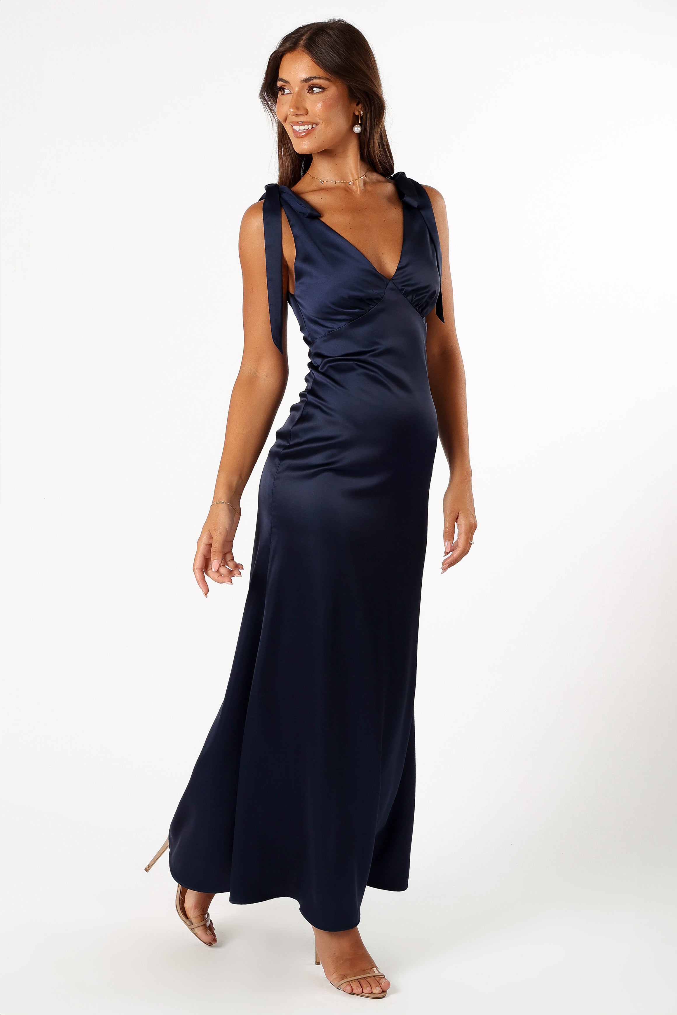 Navy Blue Bow Shoulder Maxi Dress with V-Neck & Tie Straps