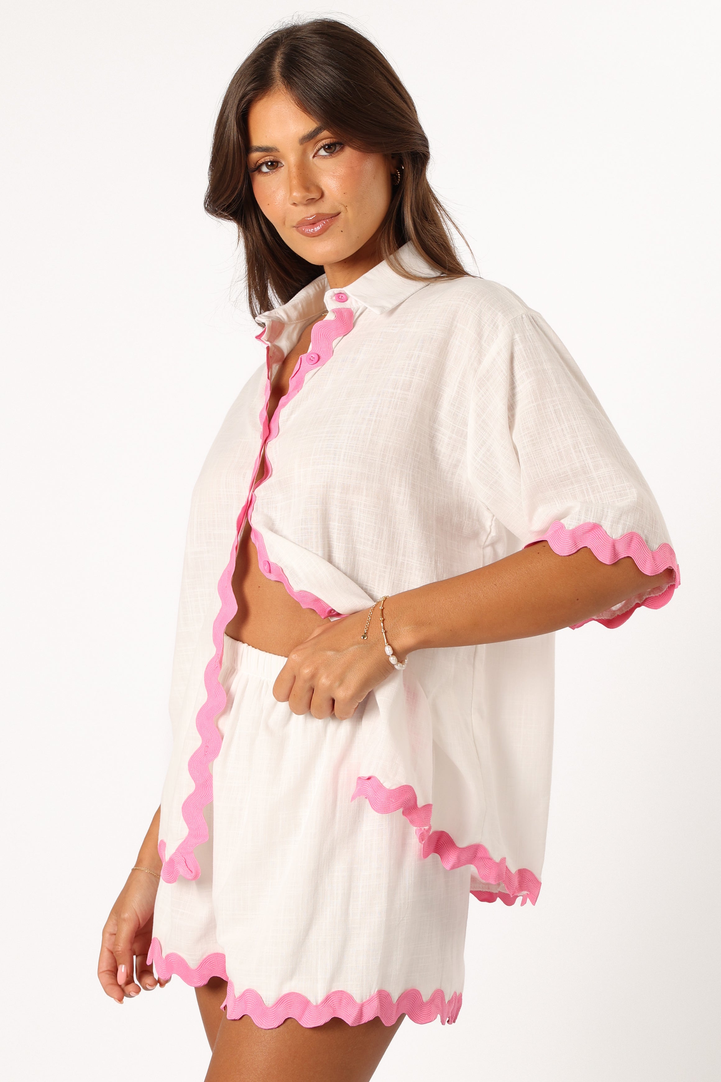 Wilson Women's White & Pink Cotton Short Set - V-Neck Button Down Shirt & High Waisted Shorts