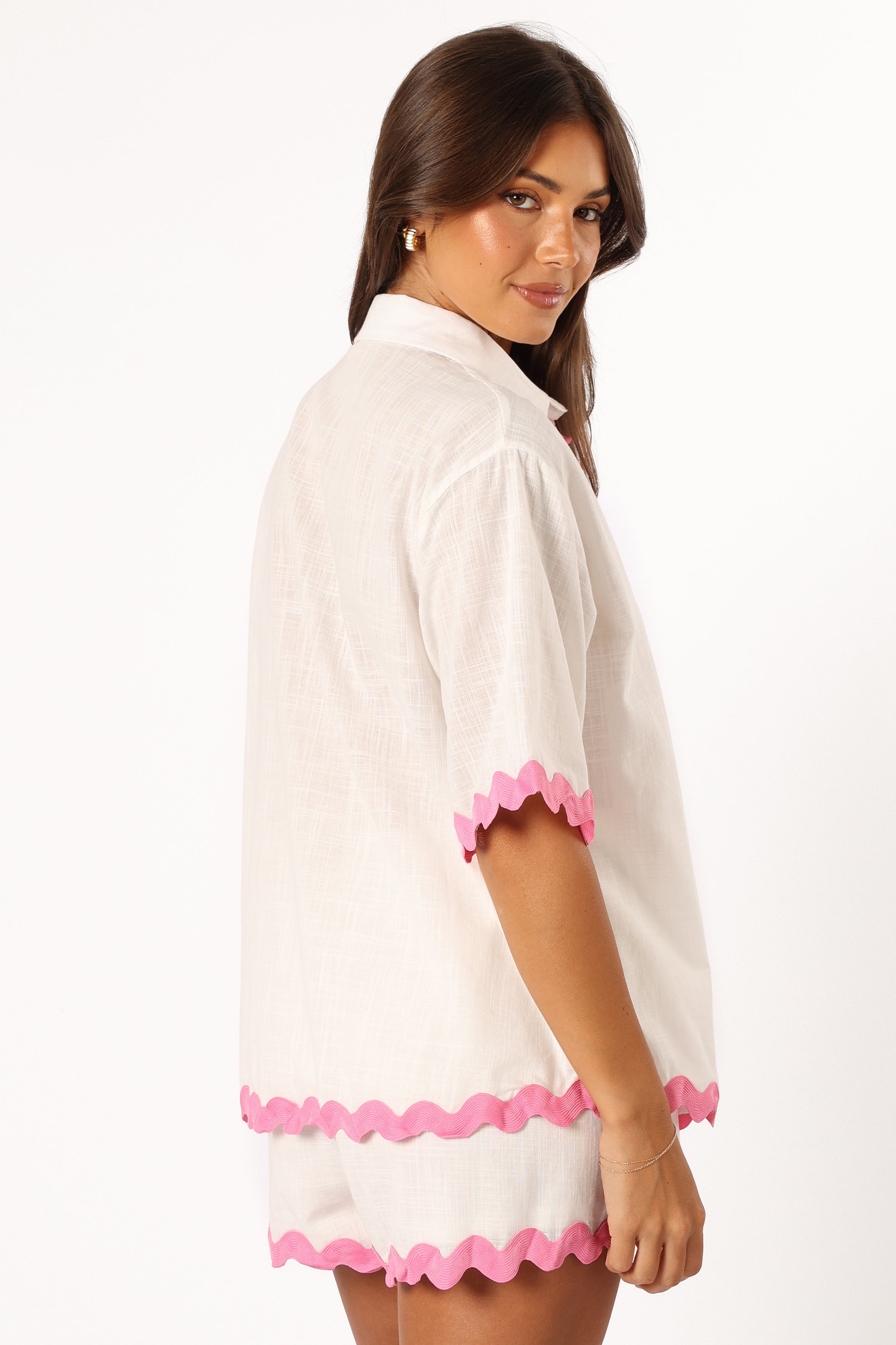 Wilson Women's White & Pink Cotton Short Set - V-Neck Button Down Shirt & High Waisted Shorts