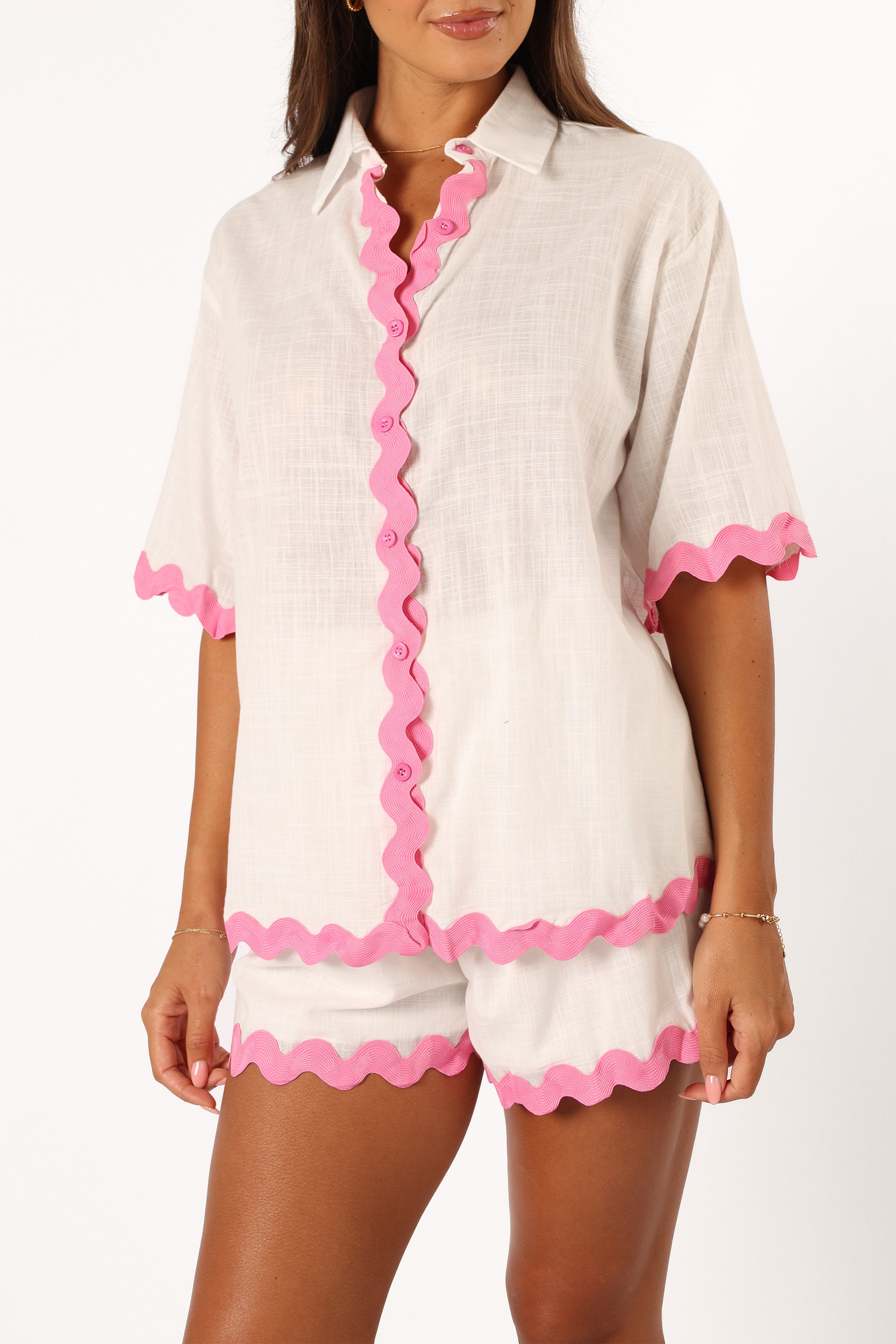 Wilson Women's White & Pink Cotton Short Set - V-Neck Button Down Shirt & High Waisted Shorts