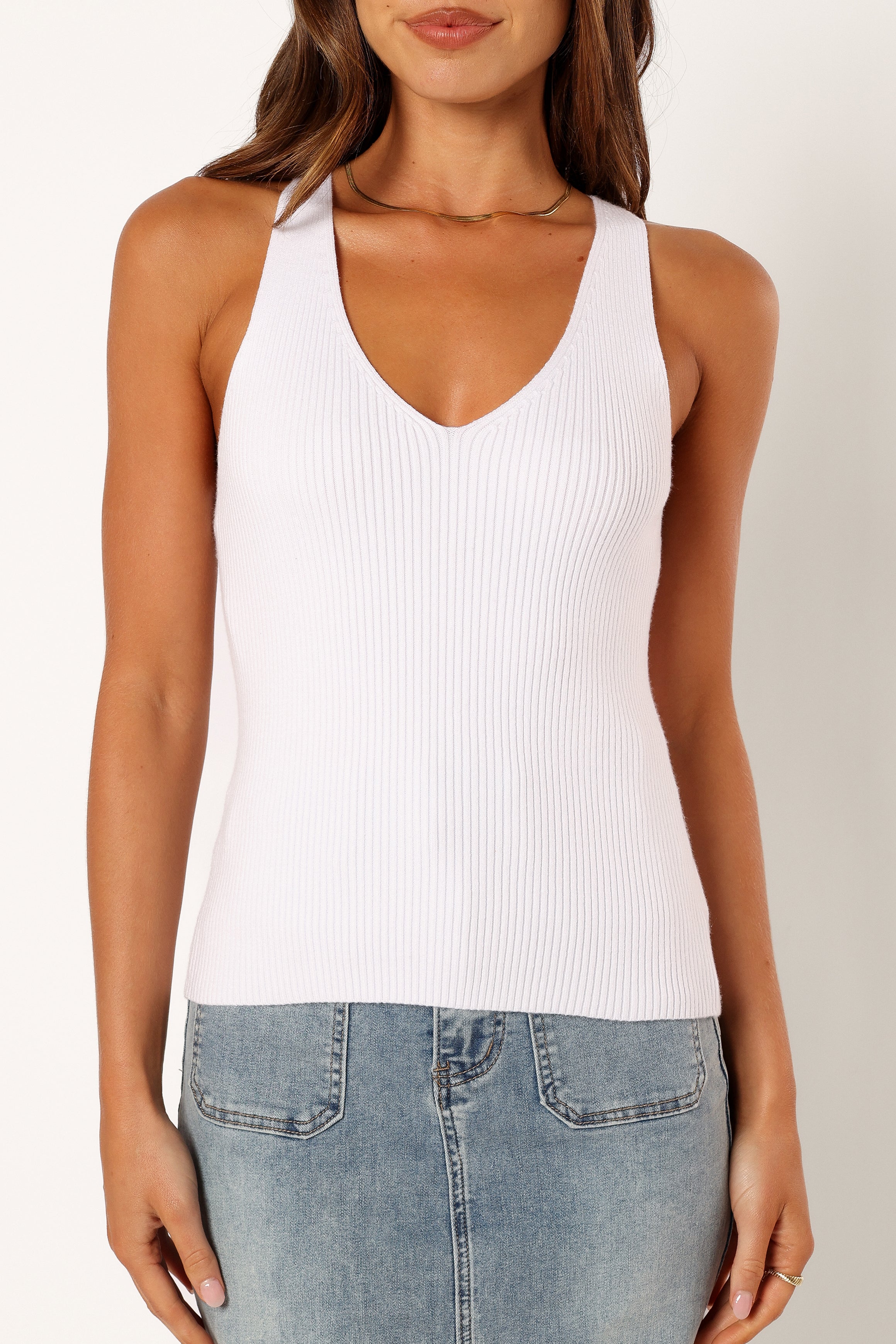 Women's White Ribbed V-Neck Sleeveless Top - Emily Stretch Blouse