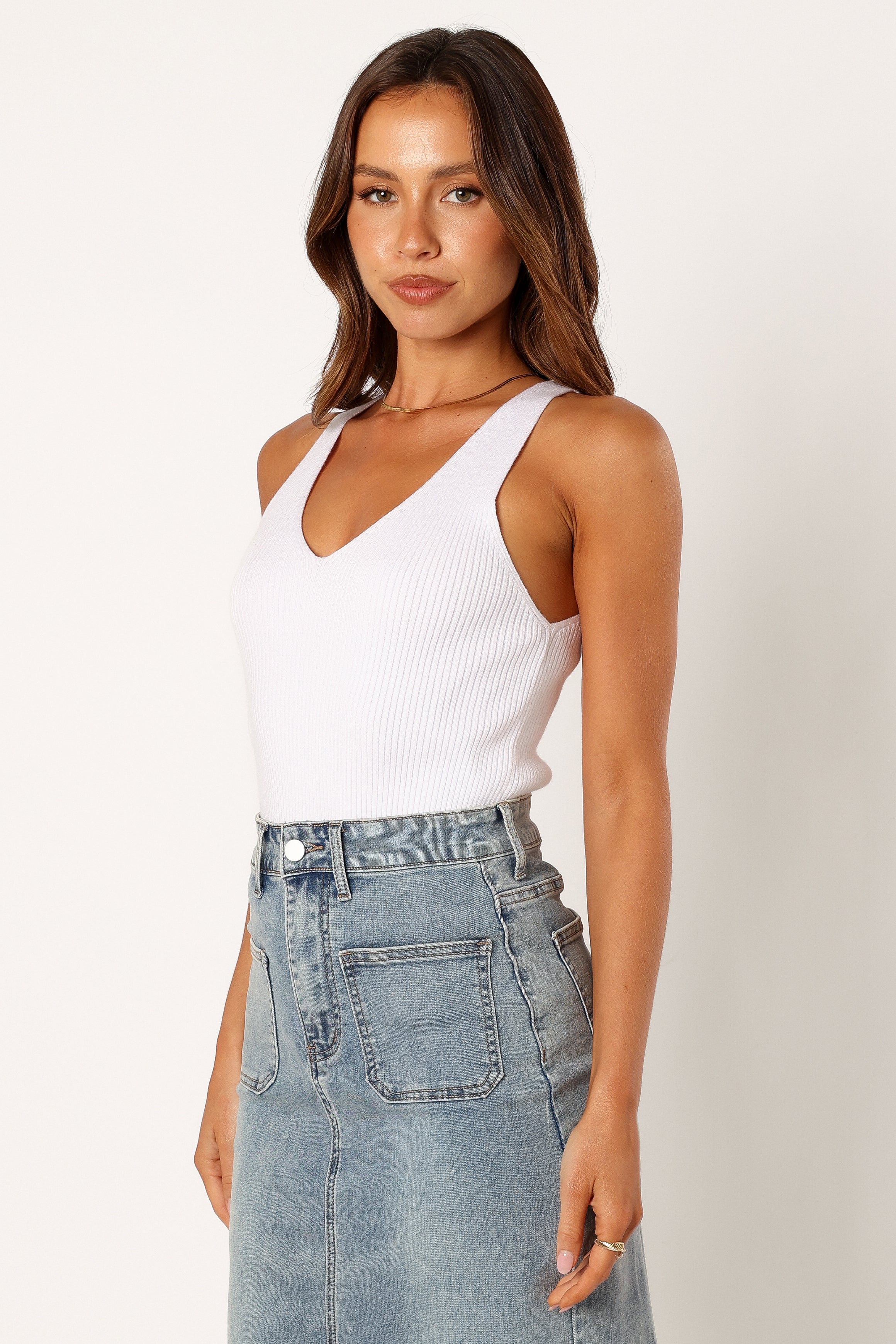 Women's White Ribbed V-Neck Sleeveless Top - Emily Stretch Blouse
