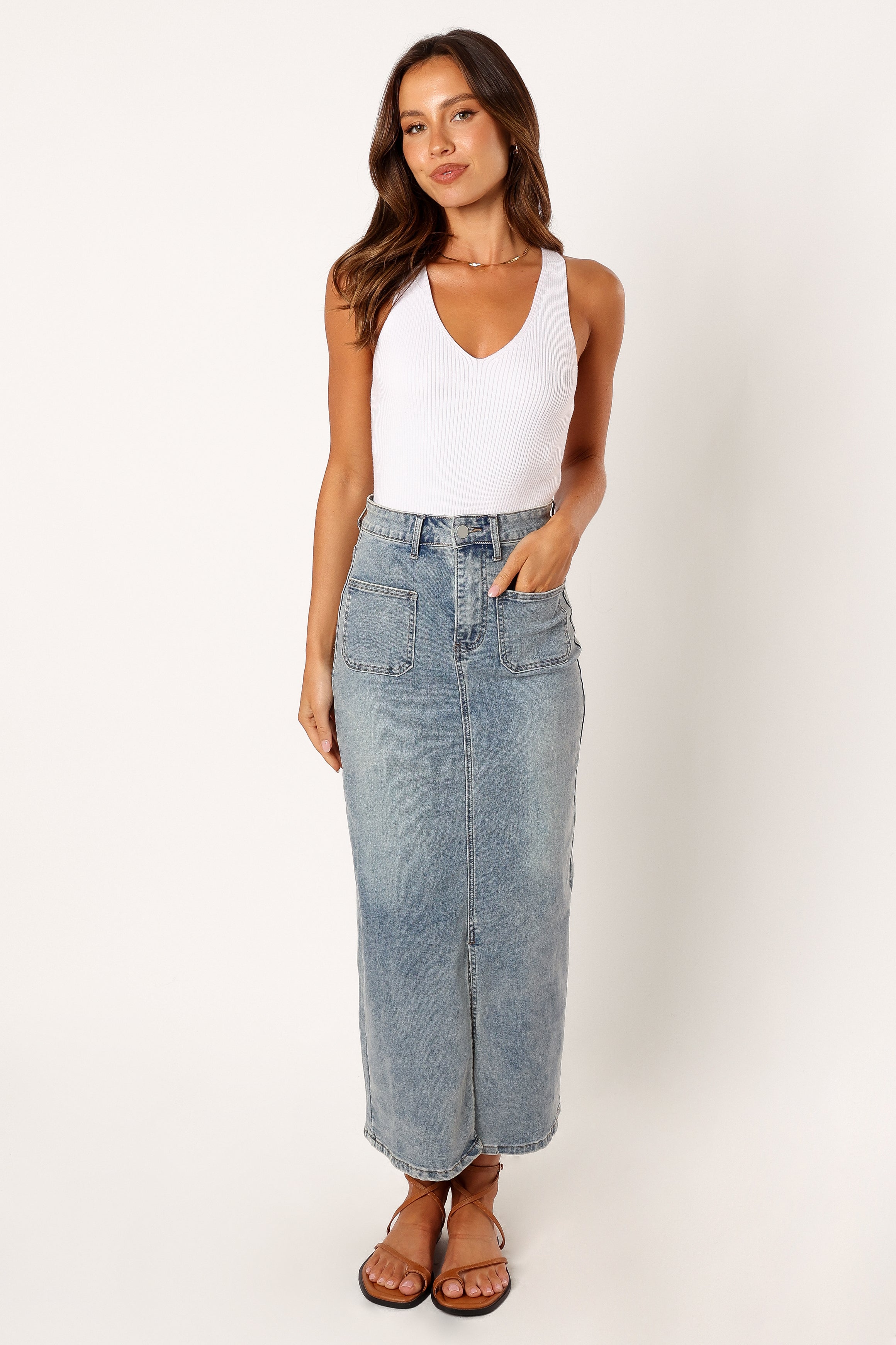 Women's White Ribbed V-Neck Sleeveless Top - Emily Stretch Blouse